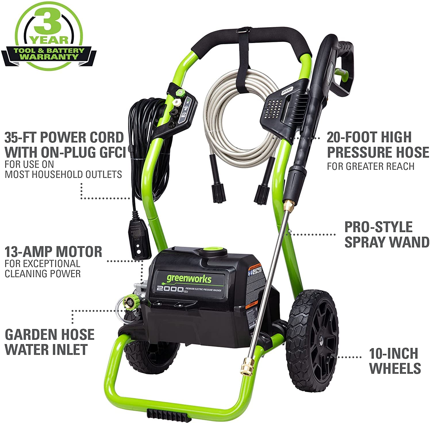 Greenworks 2000 PSI 13 Amp Electric Pressure Washer with Wheels, 20 FT Hose & 35 FT Power Cord - Perfect for Cleaning Cars, Fences, Patios, Driveways, Decks & Outdoor Surfaces