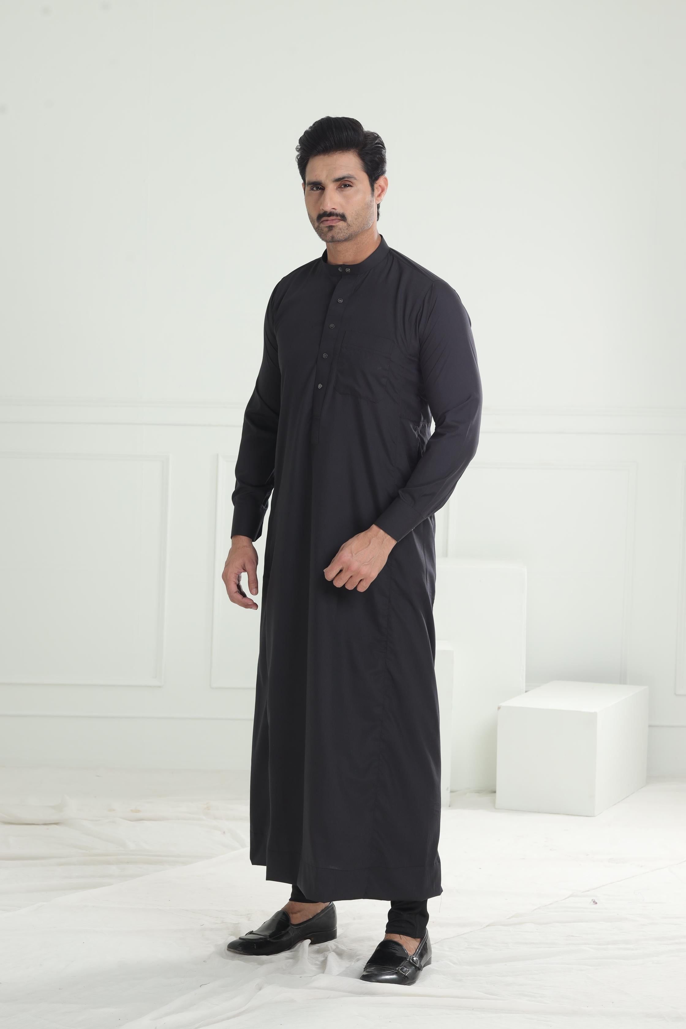 Premium Blended Black Jubba Jiah - Traditional Islamic Thobe for Men - Perfect for Prayer, Eid Celebrations & Special Occasions