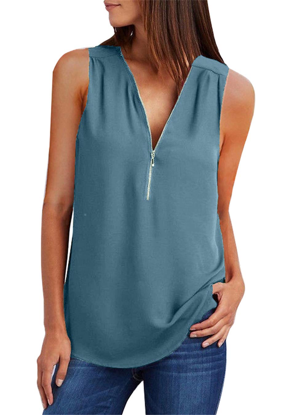 EFOFEI Women's Plus Size Flowy Chiffon Blouse with Zipper Up Deep V Neck & Cuffed Sleeves - Elegant Casual Tops for Work, Date Night & Summer Outfits