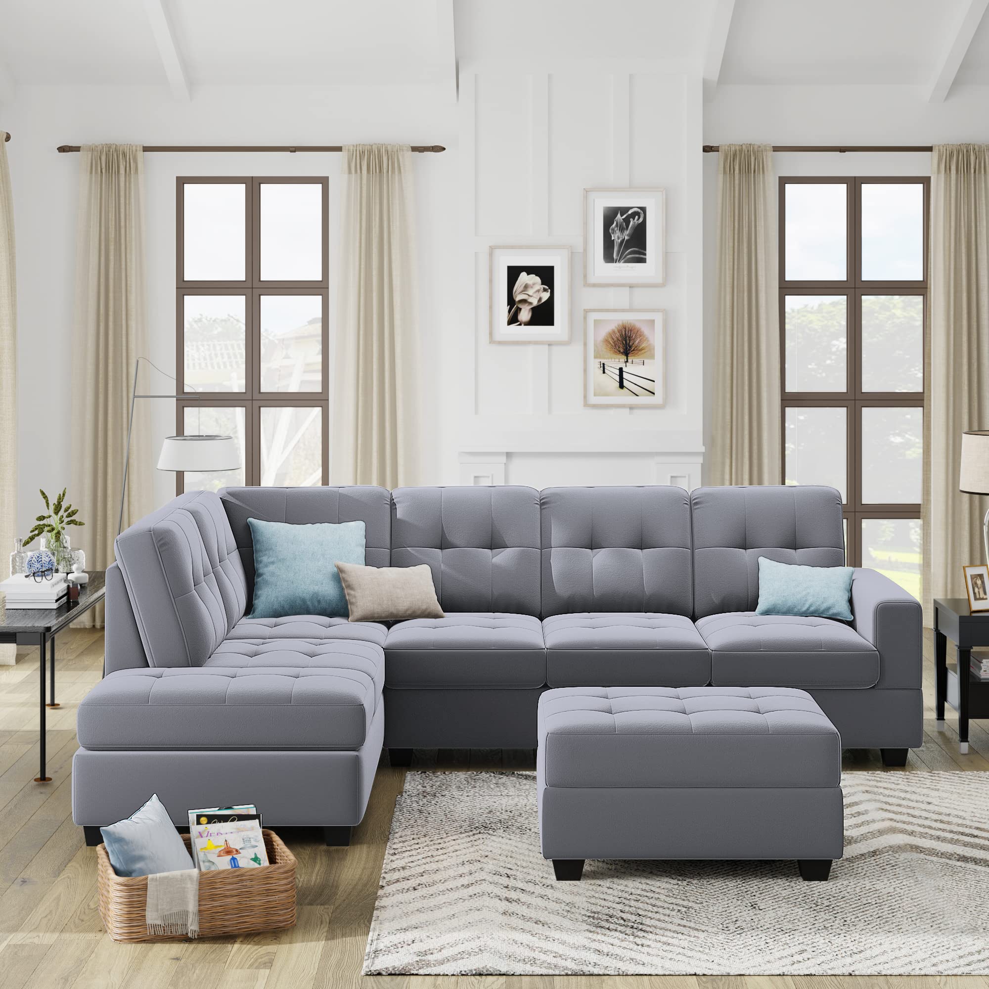 Modern L-Shaped Sectional Sofa with Reversible Chaise Lounge, Storage Ottoman & Cup Holders - Contemporary Living Room Furniture for Small Spaces & Apartments - Perfect for Family Movie Nights & Entertaining Guests