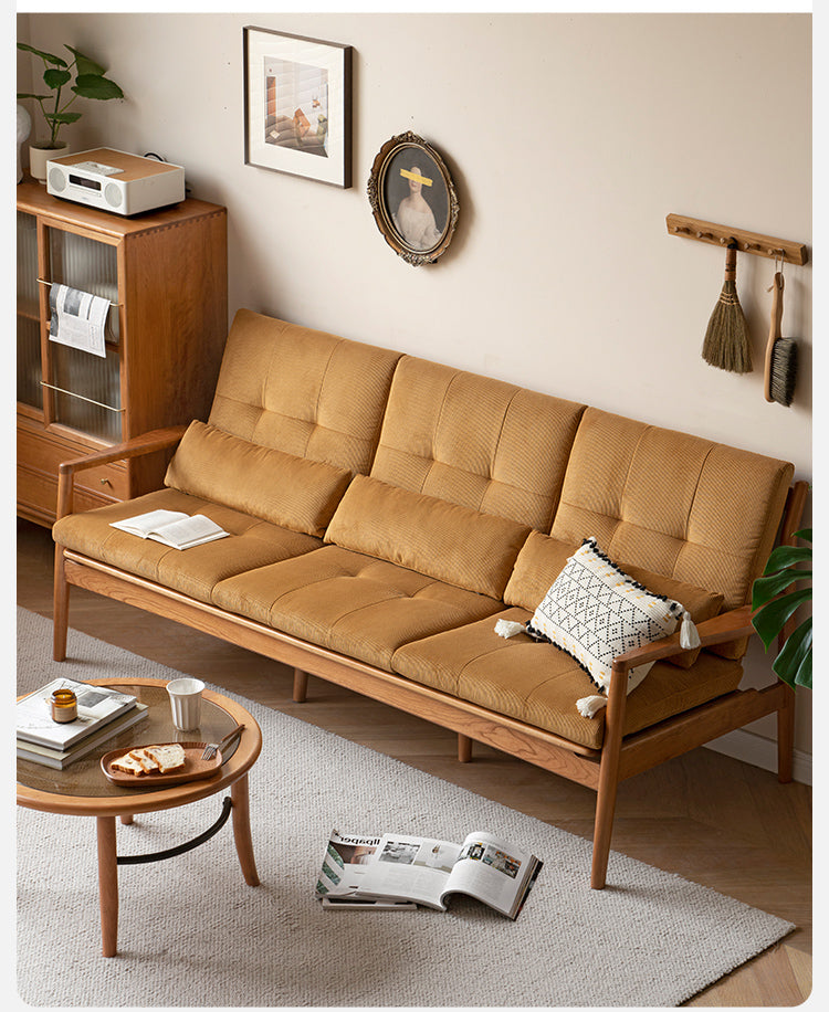 Vintage Oak Solid Wood Rattan Sofa - Convertible 2-in-1 Couch & Daybed for Living Room, Bedroom or Patio