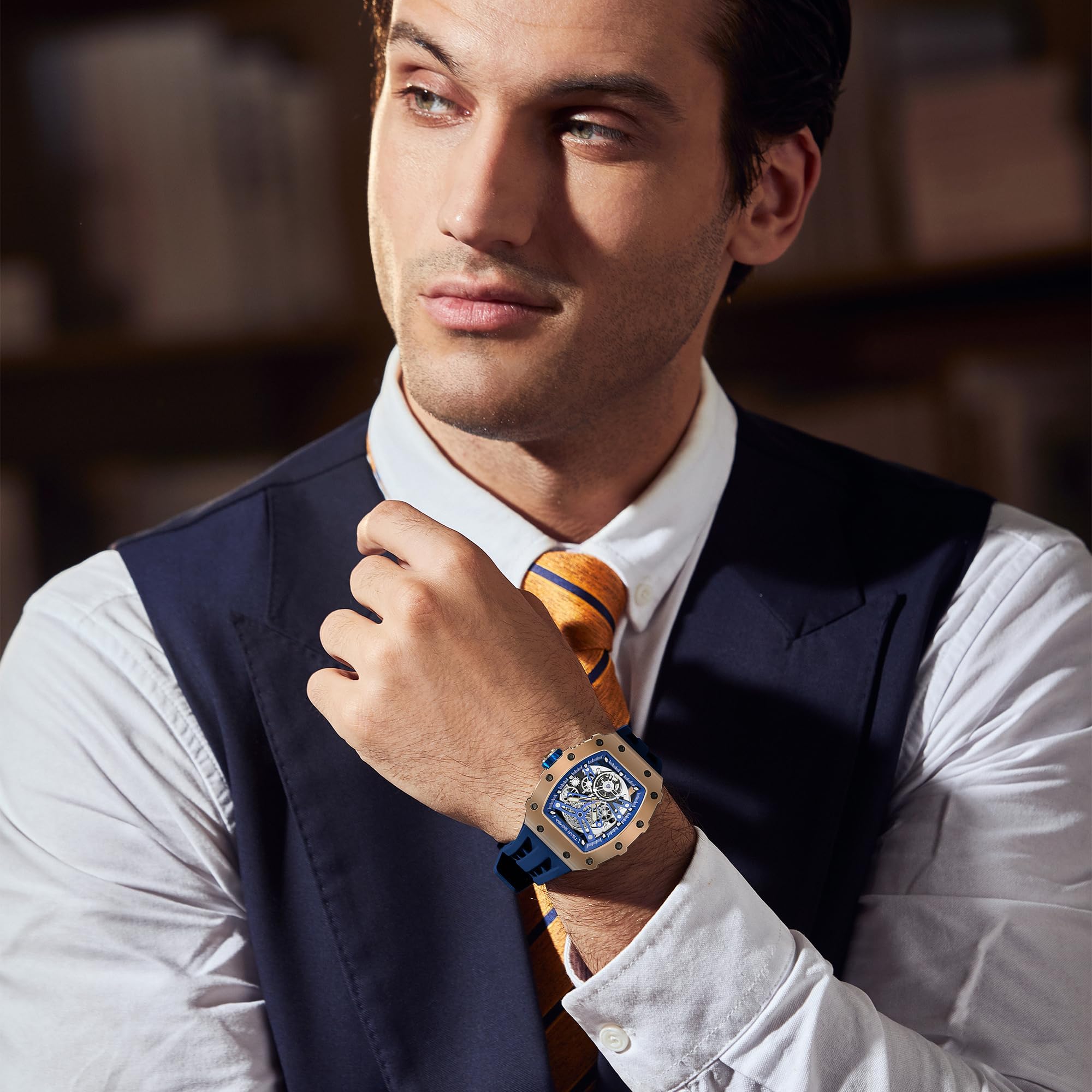 TSAR BOMBA Men's Automatic Skeleton Watch - Luxury Mechanical Tonneau Watch with 50M Waterproof, Big Square Dial & Silicone Strap - Perfect for Business, Formal Events & Everyday Wear