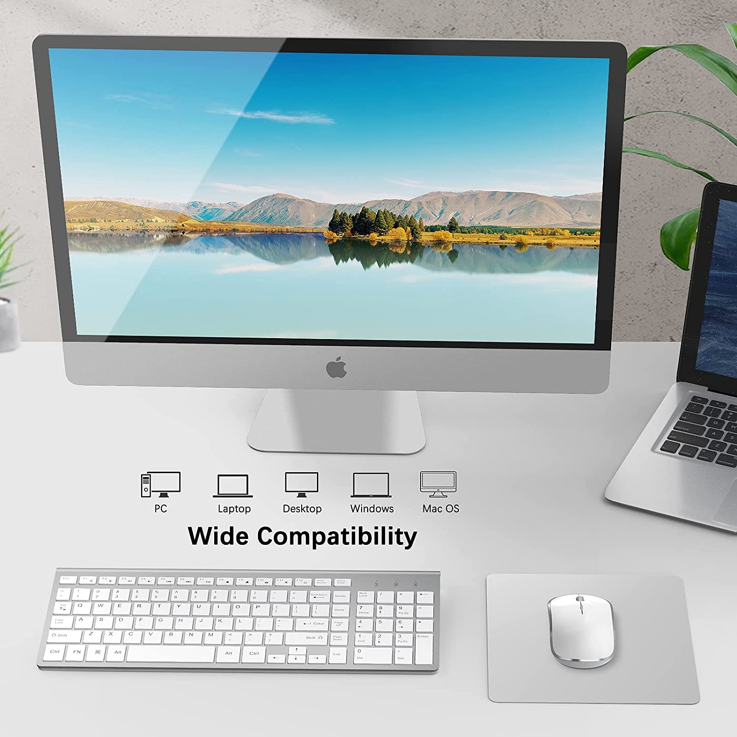 Wireless Keyboard and Mouse Combo with Numeric Keypad - Slim USB Wireless Keyboard & Mouse Set for iMac, Mac, PC, Laptop, Tablet - Compatible with Windows (Silver White) - Perfect for Office Work, Home Computing, and Gaming