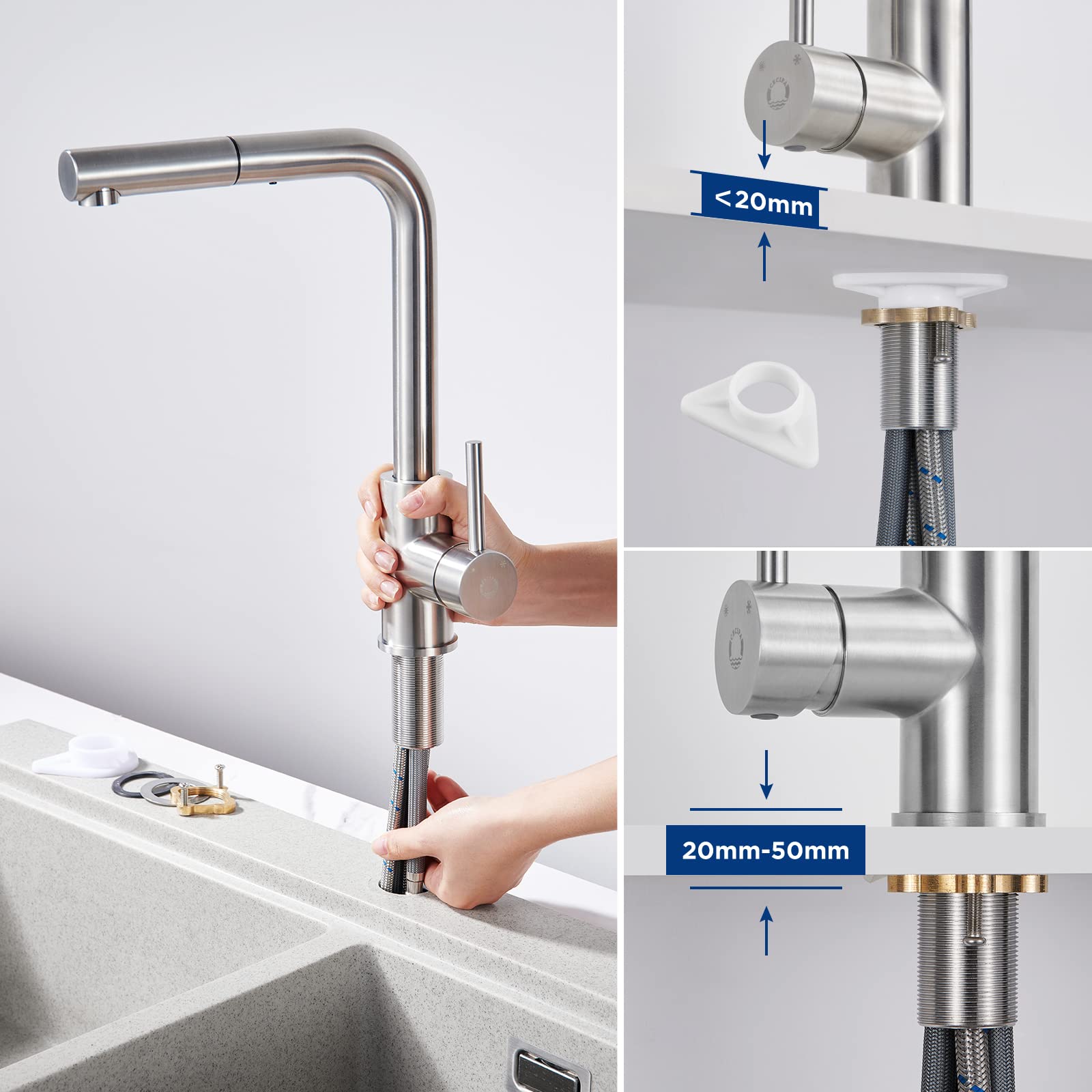 CECIPA Stainless Steel Pull-Out Kitchen Faucet with 360° Swivel Sprayer & Removable Aerator - No Drip Design for Modern Home Kitchen Sink (Ideal for Washing Dishes, Filling Pots & Cleaning Countertops)