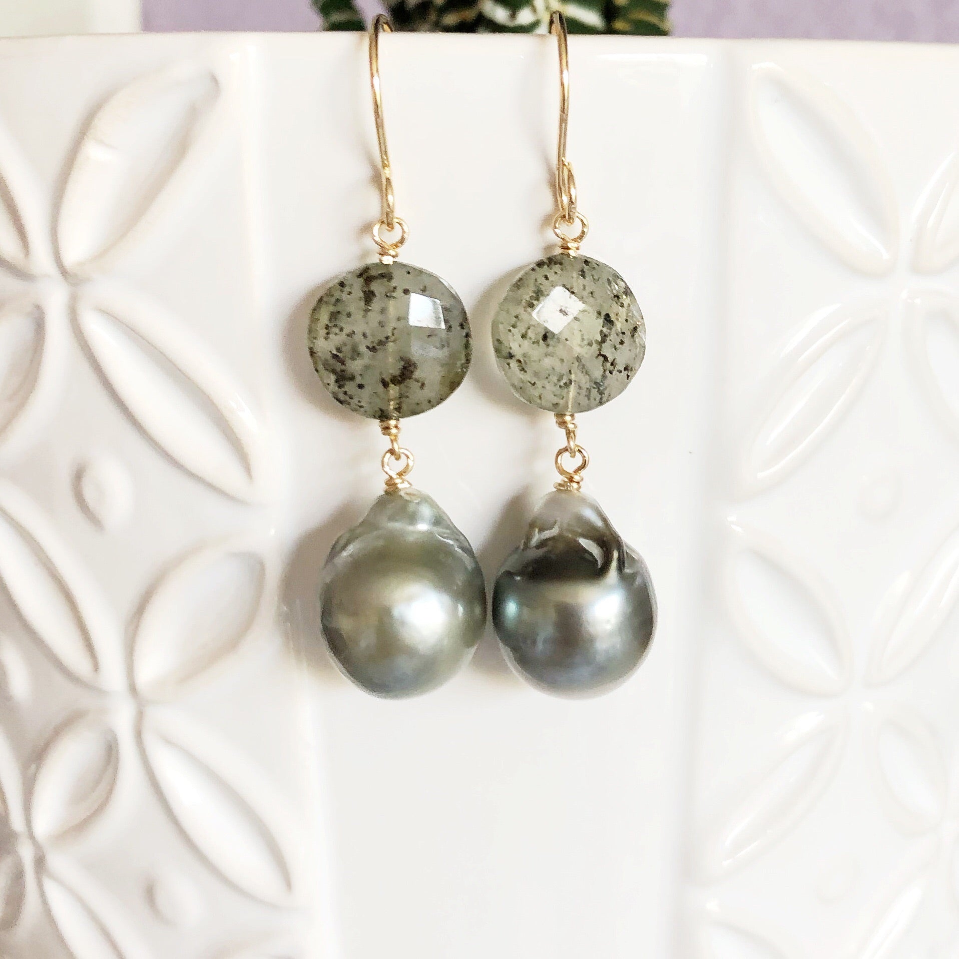 Exquisite Silver Tahitian Pearl Dangle Earrings with Rutilated Quartz (E530) - Perfect for Weddings, Parties & Special Occasions