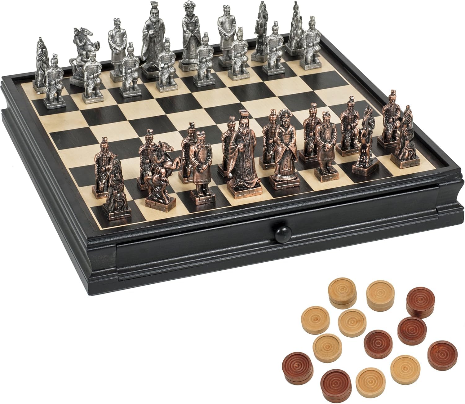 Luxury Wooden Chess Set with Qin Pewter Pieces & Storage - 15in for Adults - Perfect for Home & Office Decor