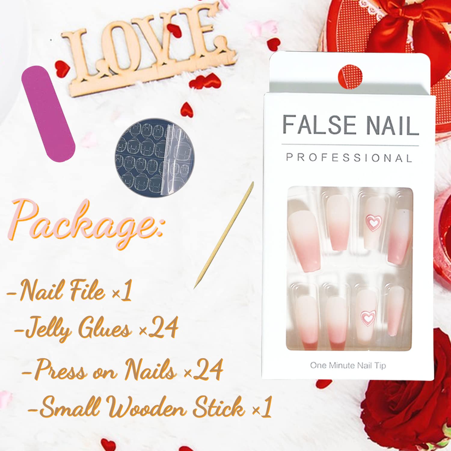 Valentine's Day Press on Nails - 24Pcs Long Coffin Fake Nails with White Pink Heart Design, Glossy Acrylic Full Cover False Nails for Women | Perfect for Romantic Dates, Weddings, Anniversaries & Special Occasions