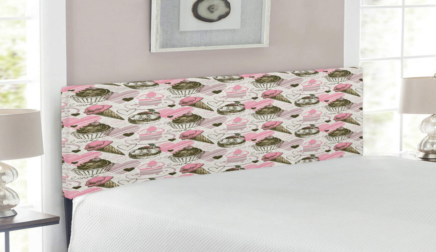 Ambesonne Queen Size Upholstered Headboard - Grunge Style Ice Cream & Cupcake Design with Romantic Heart Illustration, Memory Foam Padding, Army Green & Pale Pink | Perfect for Teen Bedrooms, Dorm Decor & Vintage Themed Master Suites