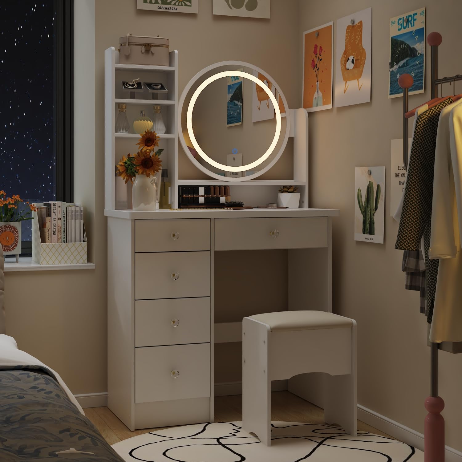 Hitow White Vanity Desk Set with LED Lighted Mirror, 5 Drawers & Shelf - Makeup Dressing Table with Touch Screen Lights & Jewelry Organizer for Bedroom, Home Decor & Beauty Routine