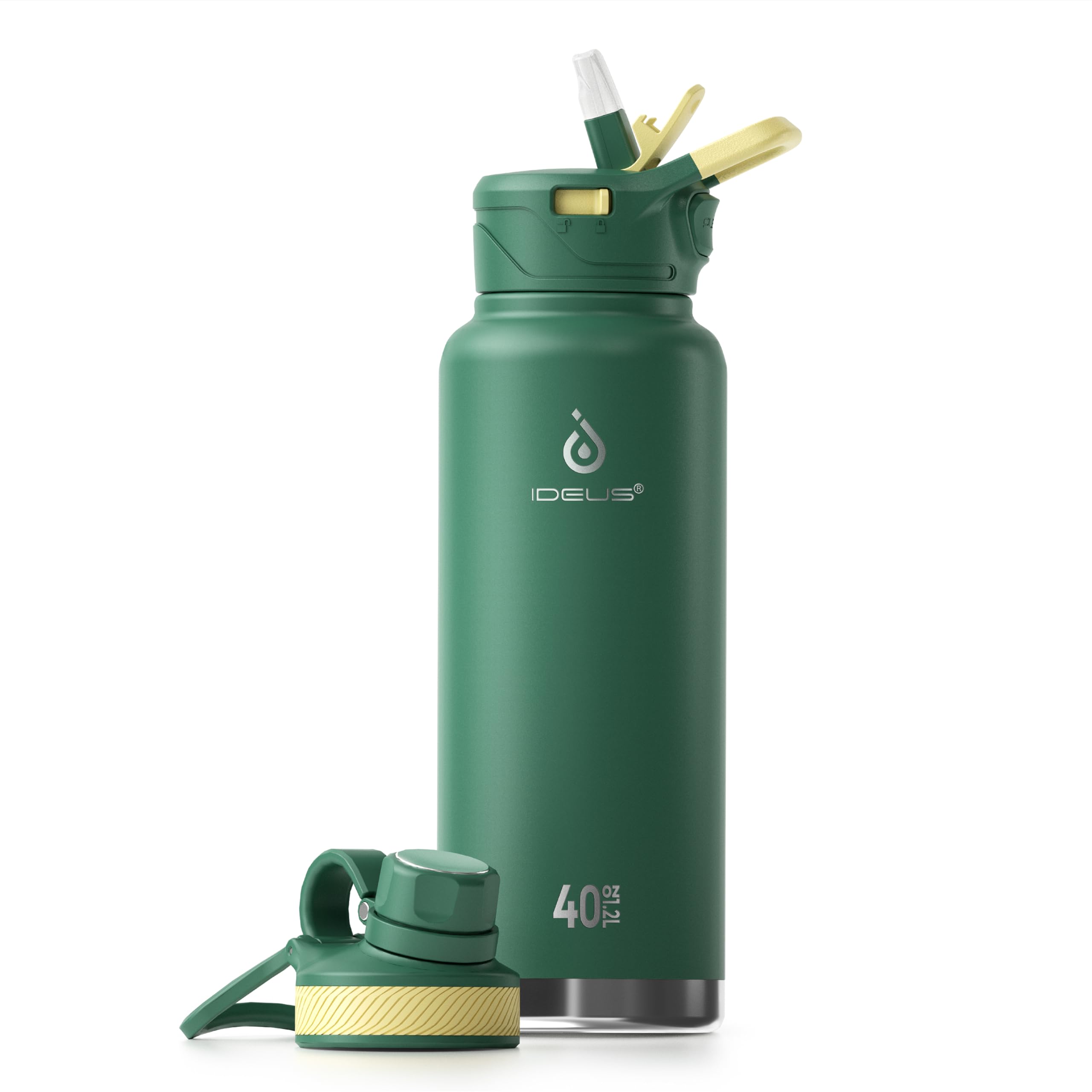 IDEUS 40 oz Vacuum Insulated Stainless Steel Water Bottle with Straw, Chug & Spout Lid - BPA-Free, Leak Proof Reusable Metal Water Bottle for Gym, Hiking, Work & Outdoor Activities (Green)