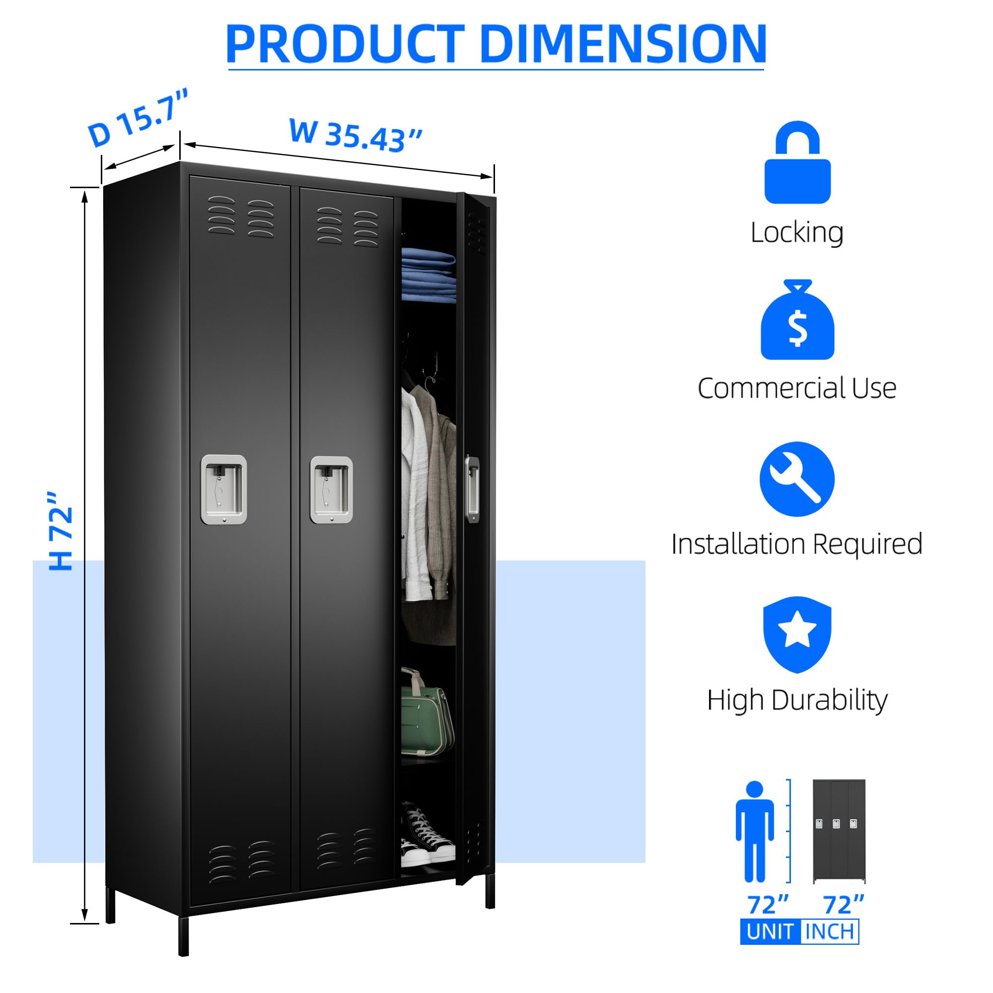 METAN 3-Door Steel Storage Locker Cabinet - Heavy Duty Metal Locker for School, Office, Gym & Bedroom - Industrial Storage Locker with 2 Adjustable Shelves for Employees & Students - Easy Assembly Required (Black) - Perfect for Secure Storage in Workplaces, Schools & Fitness Centers