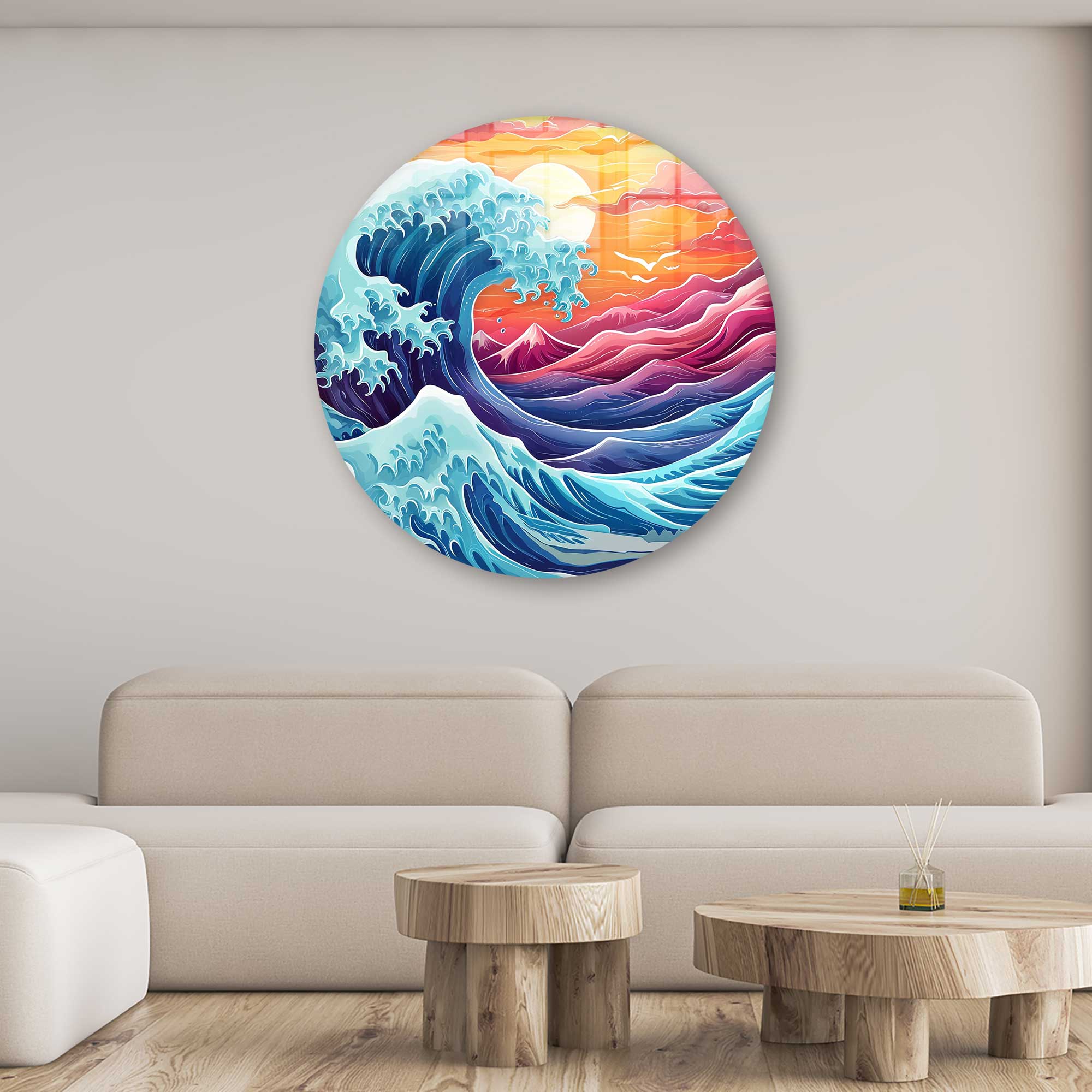 Great Wave Rounded Glass Wall Art - Japanese Ocean Wave Decor for Living Room, Bedroom & Office - Modern Home & Office Decoration