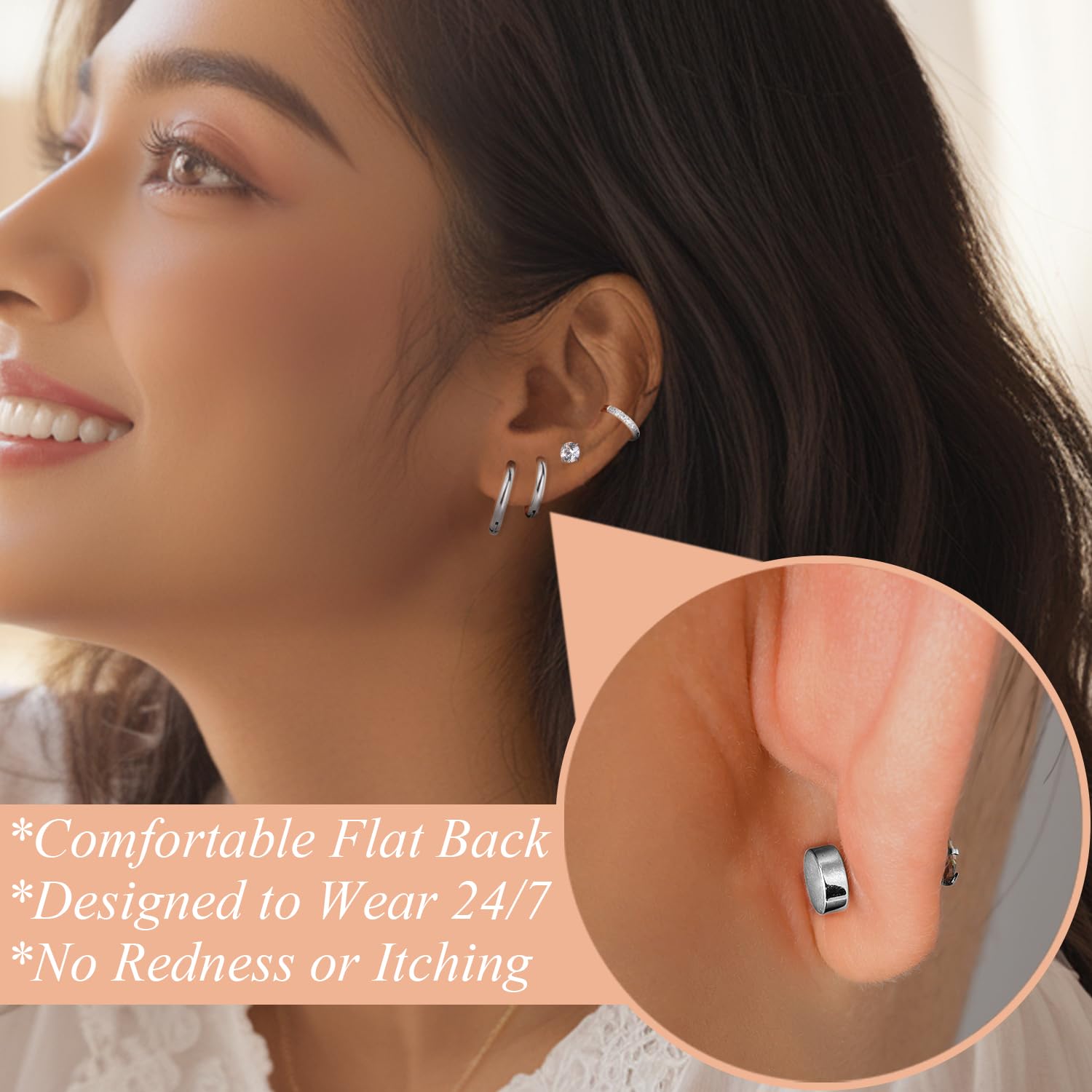 Hypoallergenic Surgical Steel Flat Back Earrings Set for Sensitive Ears - Cartilage Huggie Hoop & CZ Opal Stud Earrings for Women & Men | Perfect for Multiple Piercings, Daily Wear & Gifts