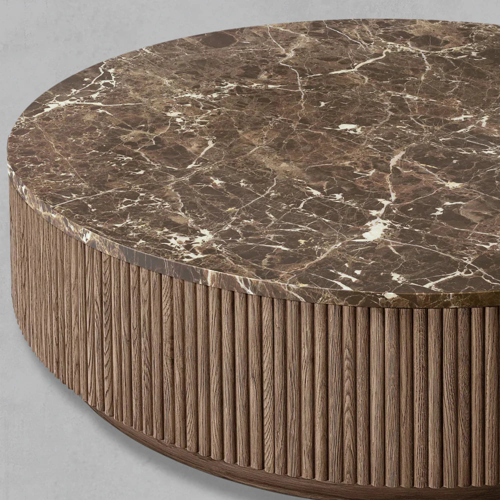 Mulholland Solid Oak Wood & Natural Stone Round Coffee Table - Modern Living Room Centerpiece for Home Decor