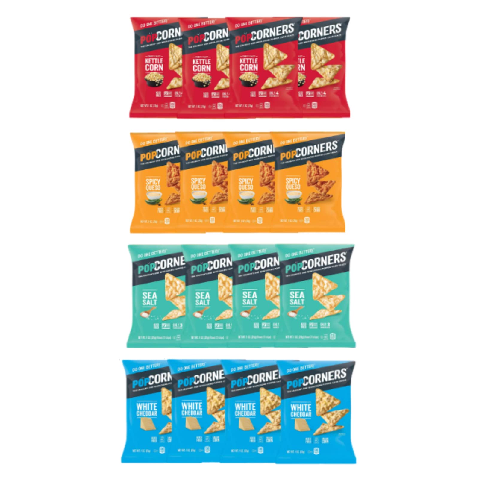 Mix Variety Pack of Popped Corn Snacks - Sea Salt, Spicy Queso, Kettle Corn & White Cheddar (1 oz, 14 Bags) - Perfect for Movie Nights, Office Snacks & Party Favors