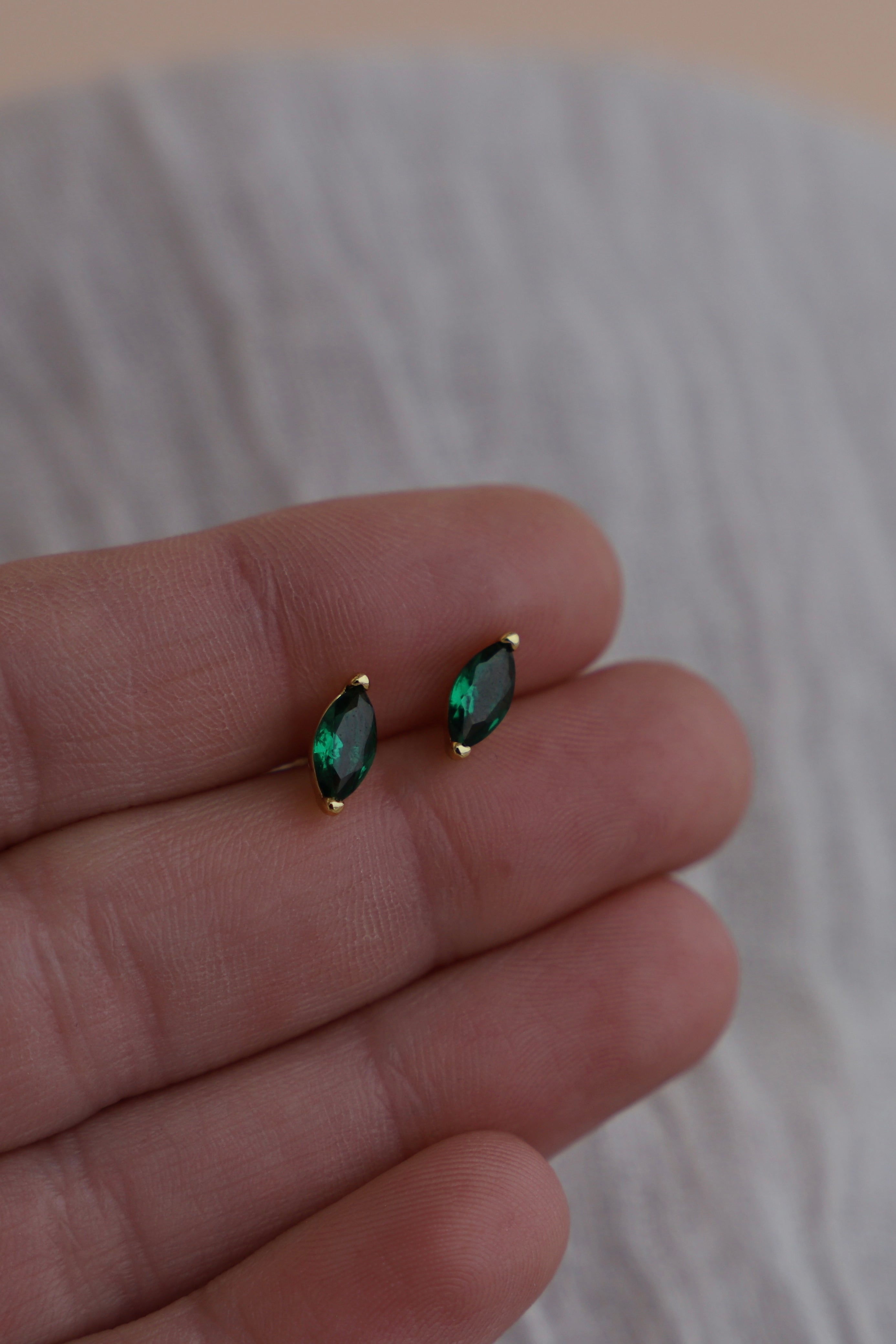 MARQUISE CZ EMERALD STUDS - 14K Gold Plated Dangle Earrings for Women, Elegant Green Gemstone Jewelry for Party, Wedding & Special Occasions