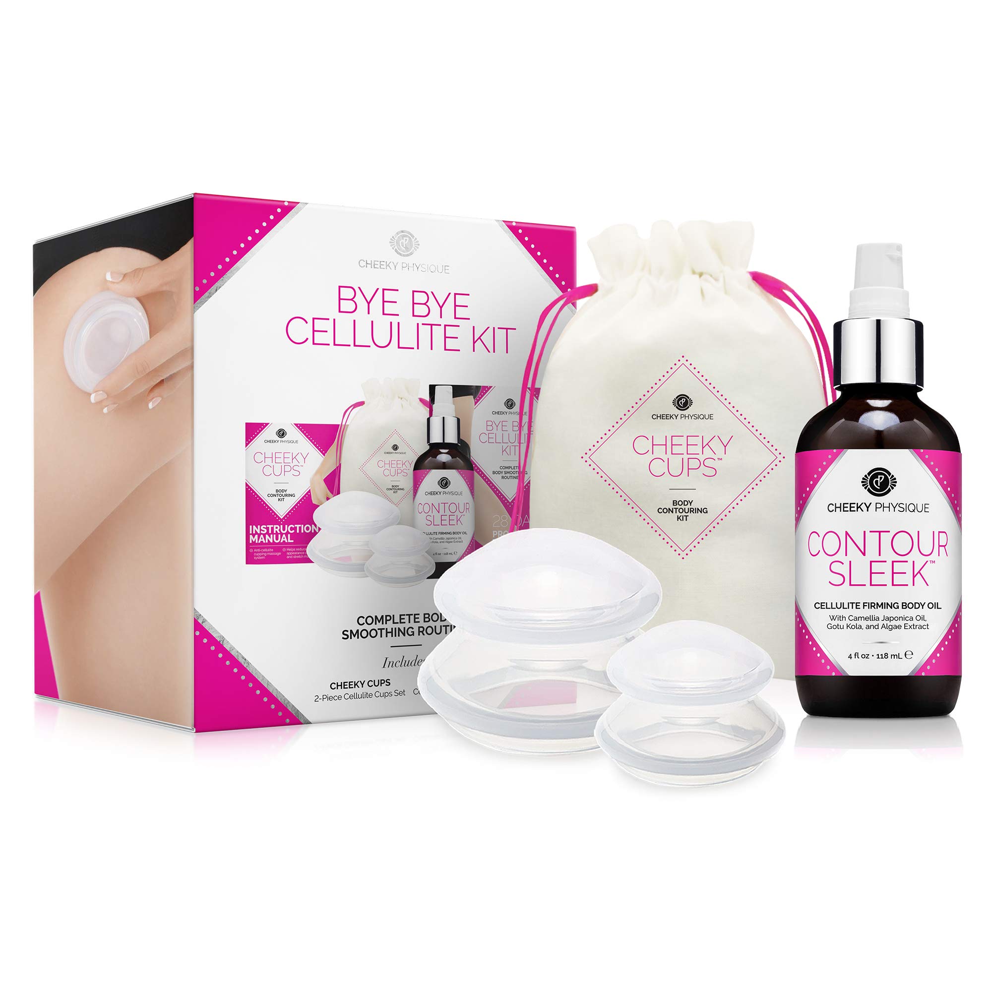 Bye Bye Cellulite Kit - Anti-Cellulite Cupping Massage Set with Body Oil for Skin Tightening & Body Contouring | At-Home Spa Treatment for Legs, Thighs & Buttocks