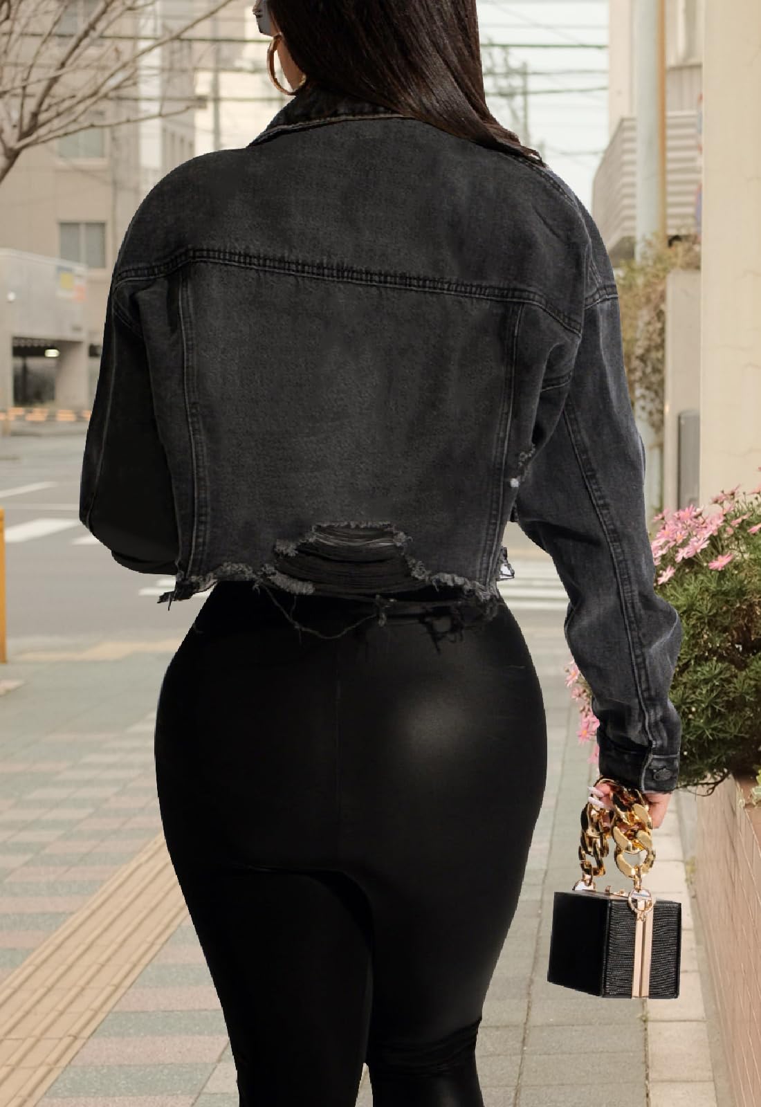 Stylish Cropped Denim Jackets for Women - Distressed Wash Long Sleeve Denim Jacket for Casual Outfits & Streetwear Fashion