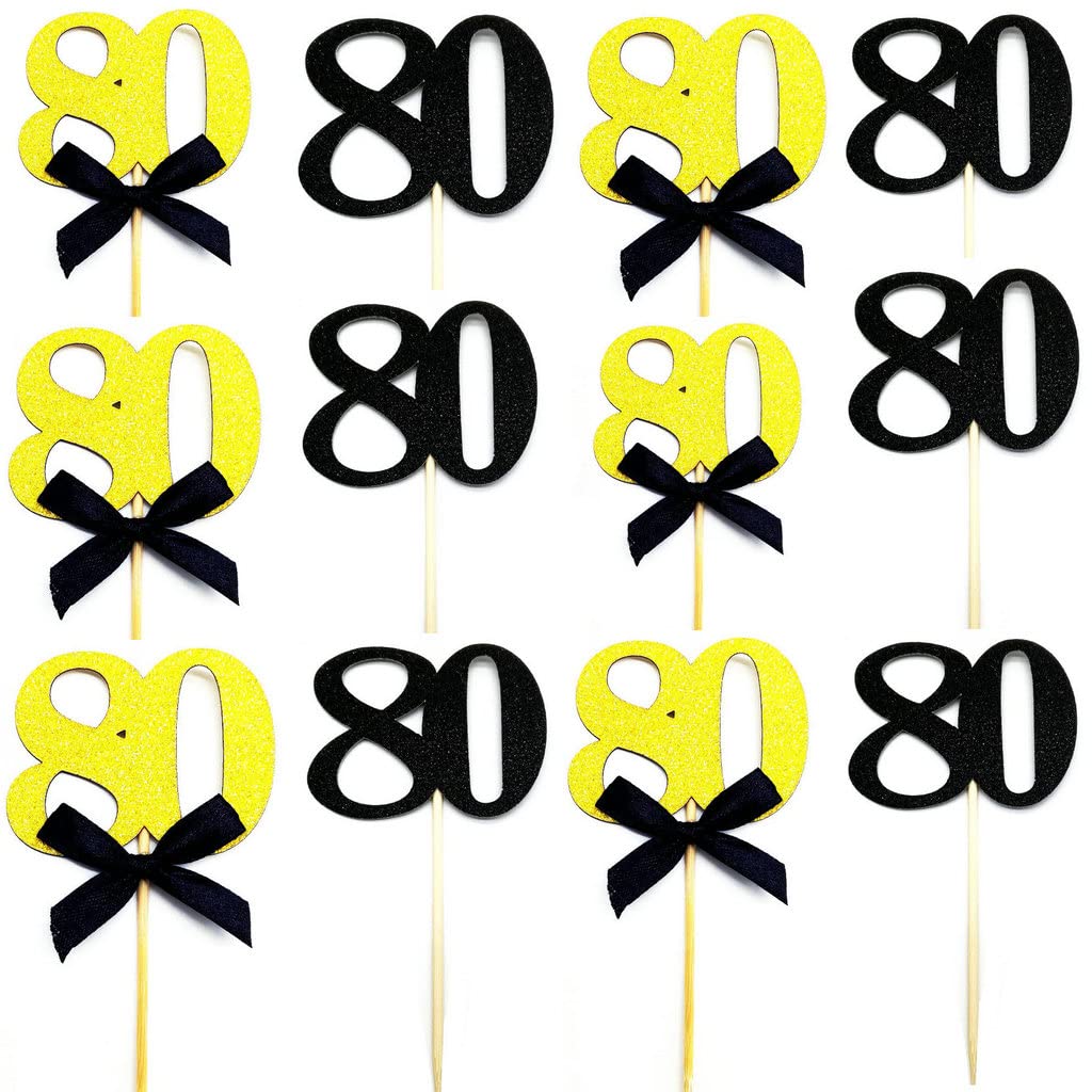 Black & Gold Glitter 80th Birthday Cupcake Toppers - 12pc Set for 80th Anniversary Party Decorations, Wedding & Celebration Cakes | Perfect for Milestone Birthdays, Retirement Parties & Special Occasions