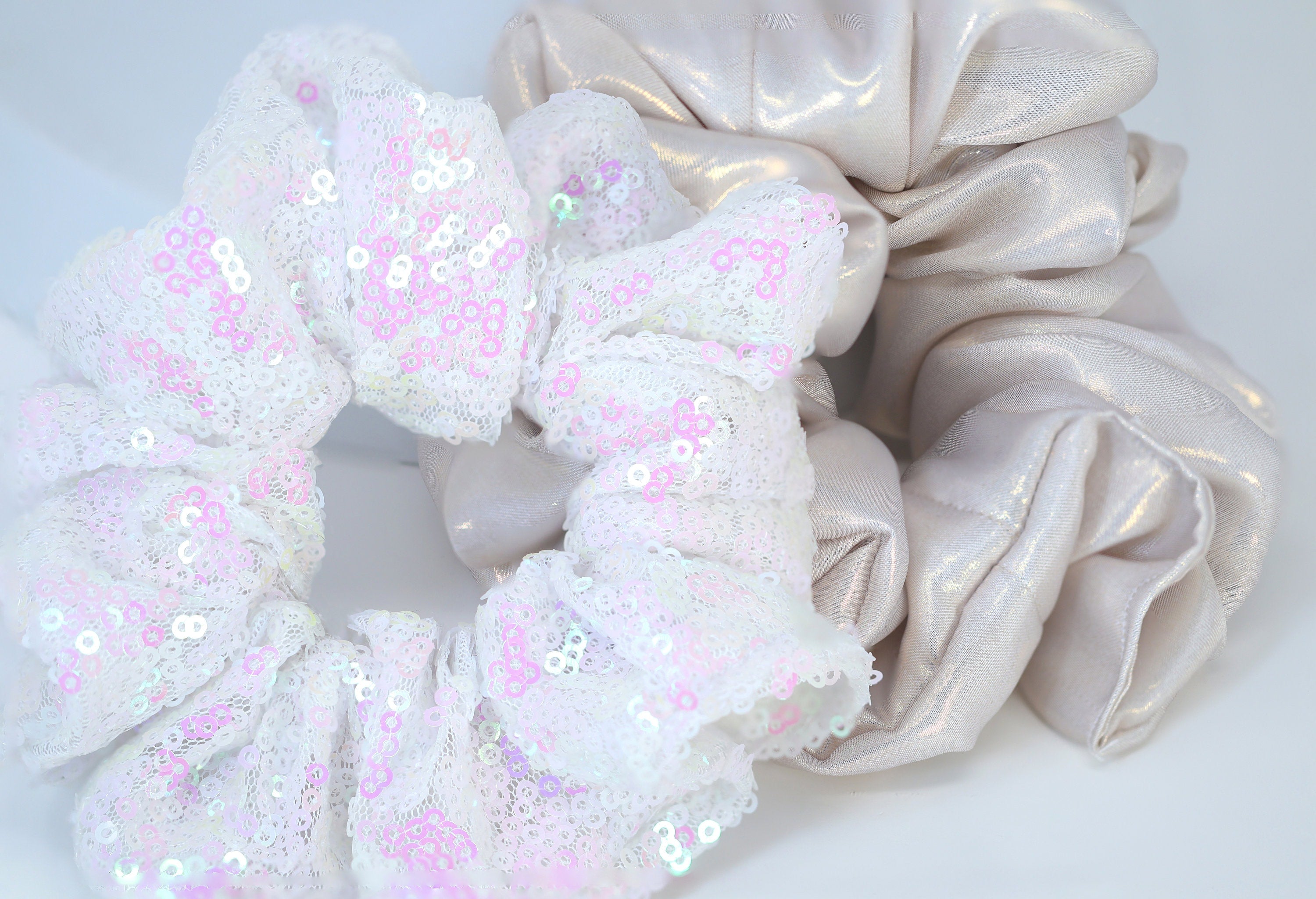 2 Pack Shiny Metallic Sequin Bridal Hair Scrunchies - Elegant Wedding Hair Accessories for Bride & Bridesmaids, Perfect for Bridal Shower, Bachelorette Party & Special Occasions