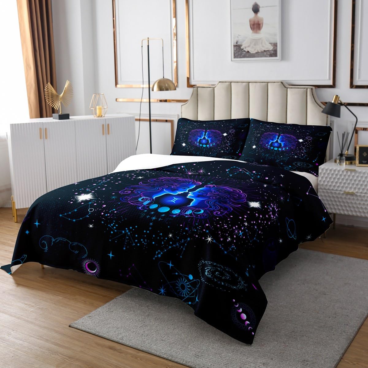 Gemini Zodiac Bedspread Set - Queen Size Trippy Cosmos Quilt & Pillowcases for Psychedelic Bedroom Decor