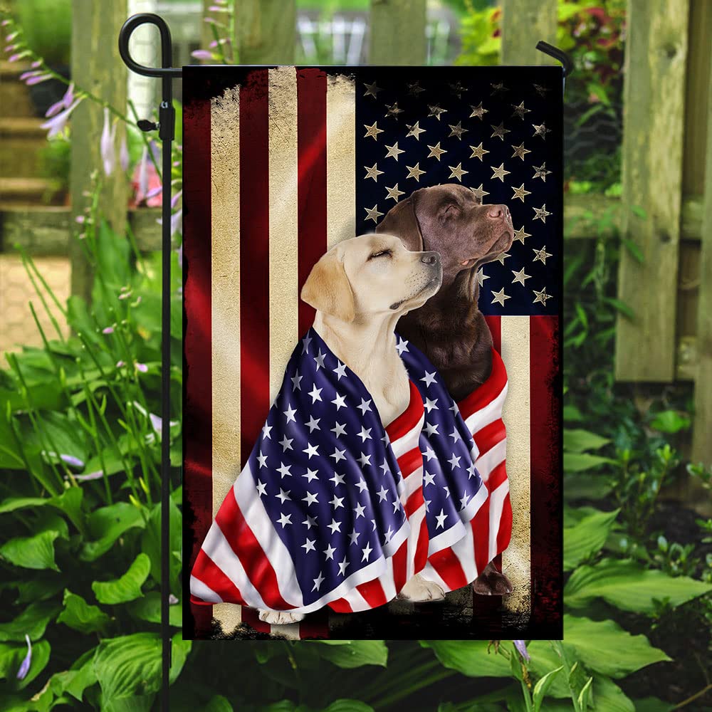 American Flag with Chocolate & Yellow Labrador Retrievers - Patriotic Outdoor House Decor, Garden & Yard Flag 12x18 Inches - Perfect for National Holidays, Backyard Displays & Pet Lover Gifts