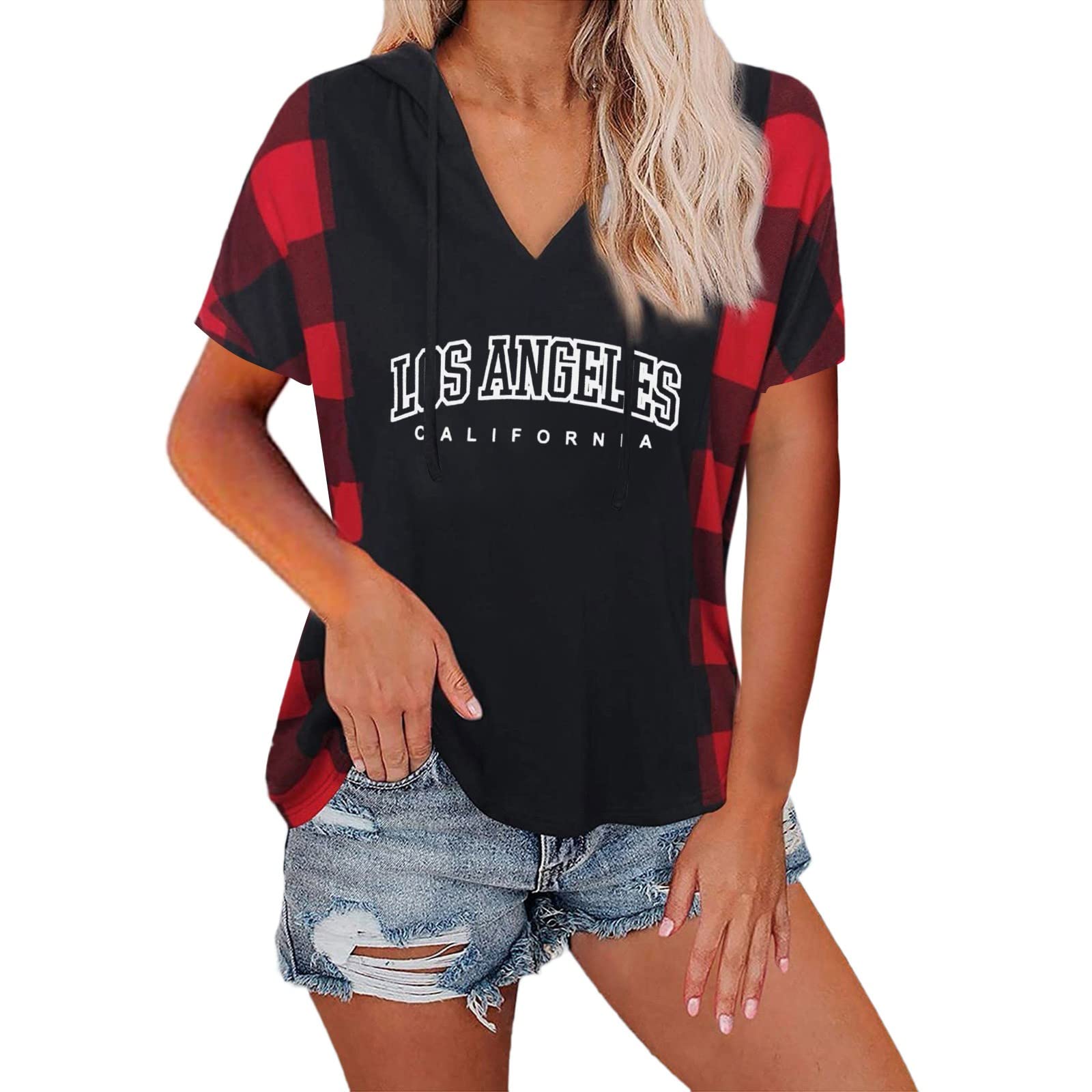 Women's Casual Printed V-Neck Short Sleeve Loose Hoodie with Front Pocket & Zip - Comfortable Summer Jumper Top for Outdoor Activities, Travel, and Everyday Wear