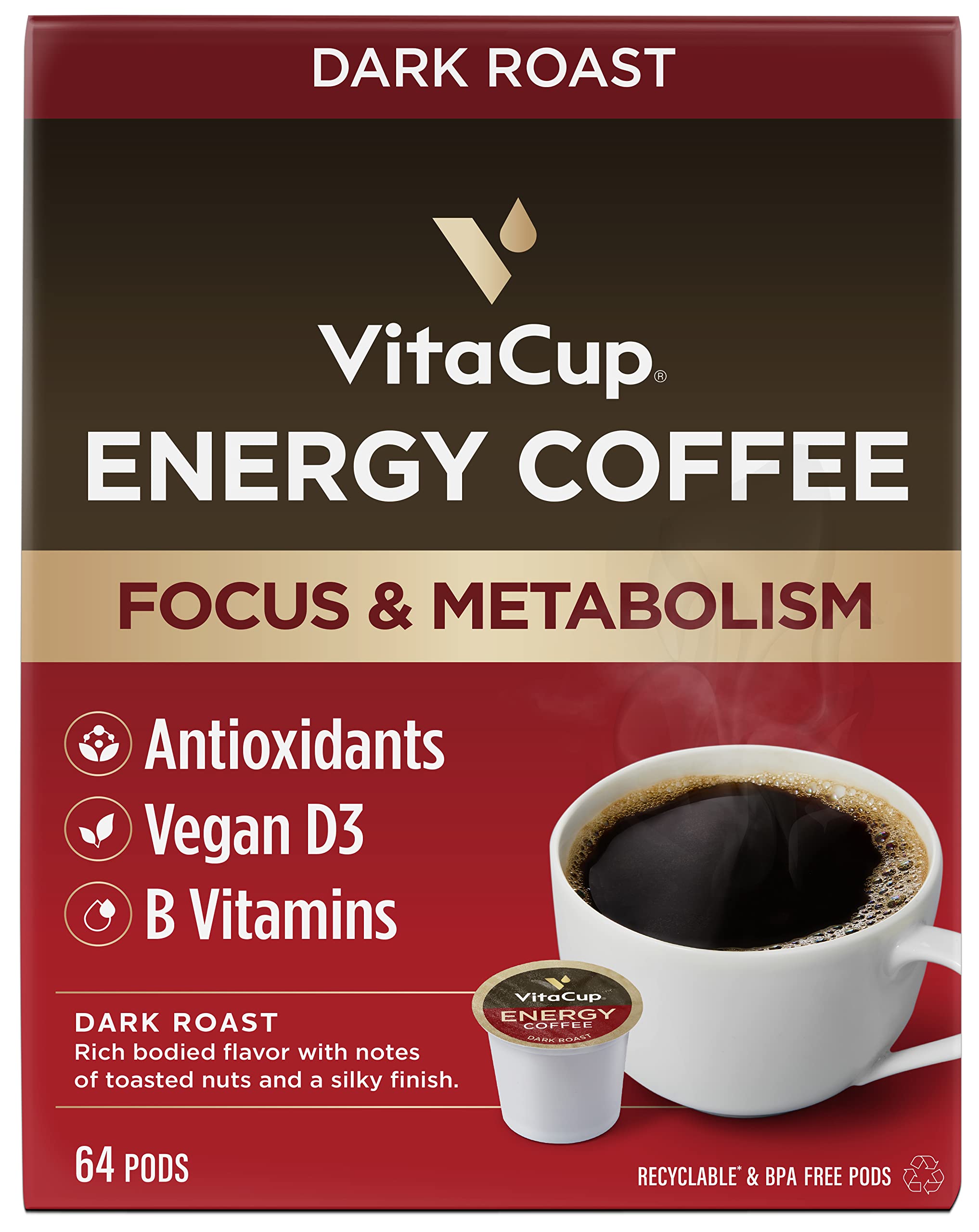 VitaCup Energy Dark Roast Coffee Pods - 64 Count | 100% Arabica with B Vitamins & Antioxidants | Boosts Focus & Metabolism | Bold & Smooth Flavor | Recyclable K-Cup Compatible with Keurig | Perfect for Home, Office or On-the-Go Brewing