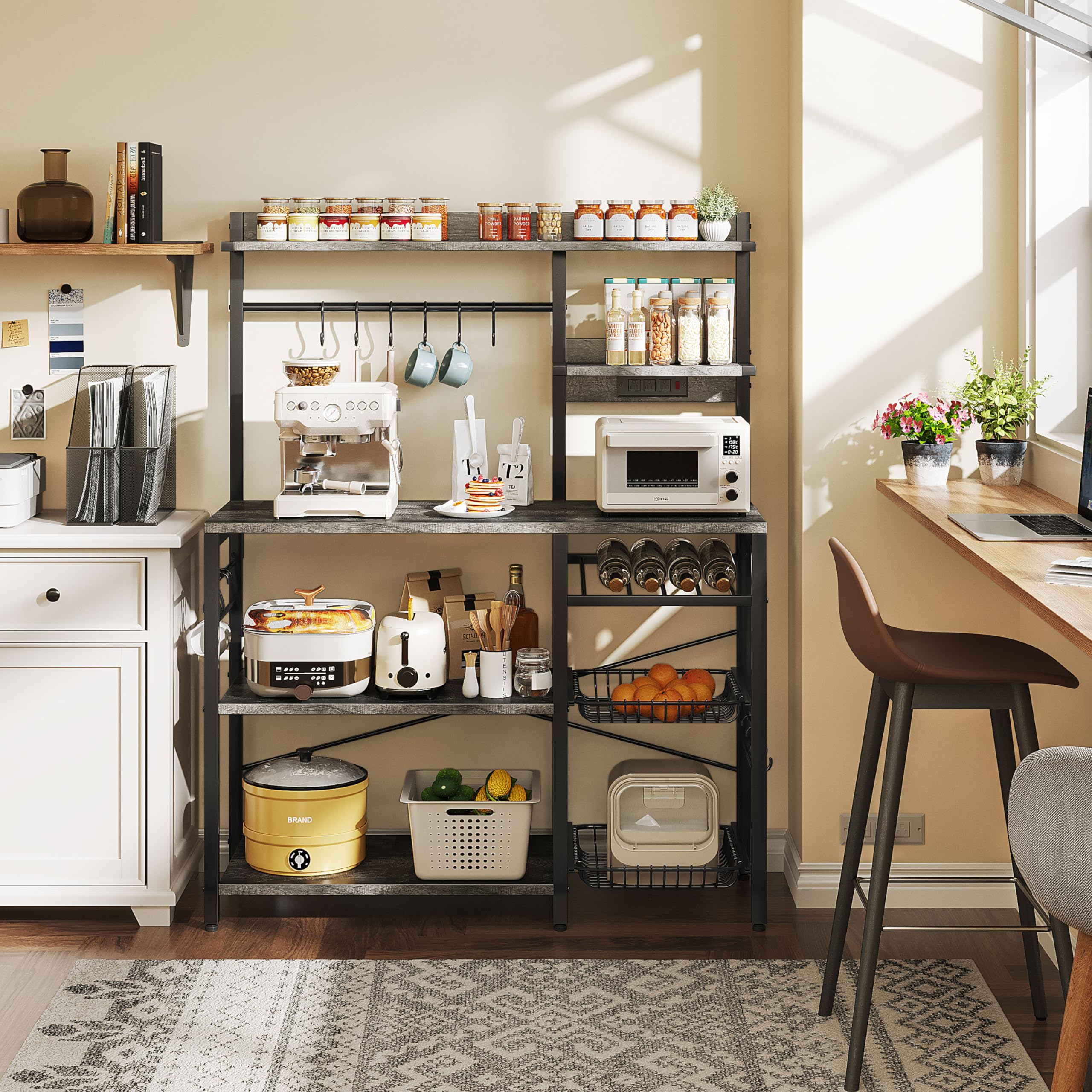 Mexin 6-Tier Large Bakers Rack with Power Outlets - Microwave Stand with Storage, Coffee Bar Station with 10 S-Shaped Hooks & Wire Basket - Grey Oak - Perfect for Kitchen Organization, Pantry Storage & Coffee Station Setup