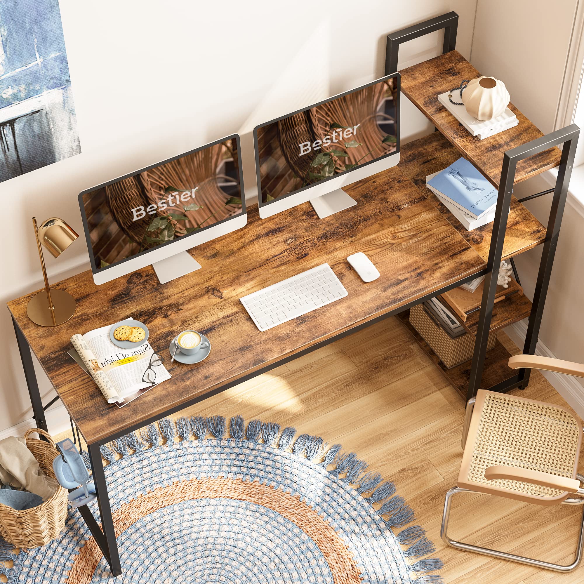 Bestier 63 Inch Computer Desk with Adjustable Shelves - Rustic Brown Writing Desk with Reversible Bookshelf & Sturdy Metal Legs for Home Office, Studio, Gaming & Remote Work Setup