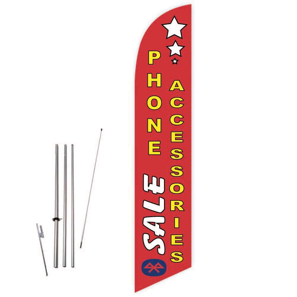 Premium Red Feather Flag with 15ft Pole Kit & Ground Spike - Durable Phone Accessories Sale Banner for Outdoor Events, Retail Stores & Grand Openings