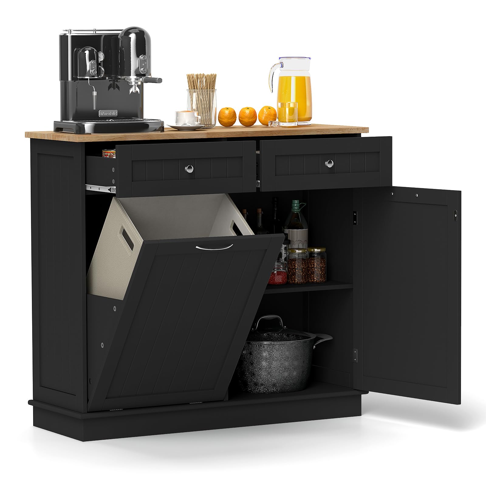 Freestanding Tilt-Out Trash Cabinet with 2 Drawers & Adjustable Shelf - Rubber Wood Countertop Kitchen Island Organizer, Laundry Hamper & Pet-Proof Recycle Bin Holder (Black) - Perfect for Small Kitchens, Laundry Rooms & Pet-Friendly Homes