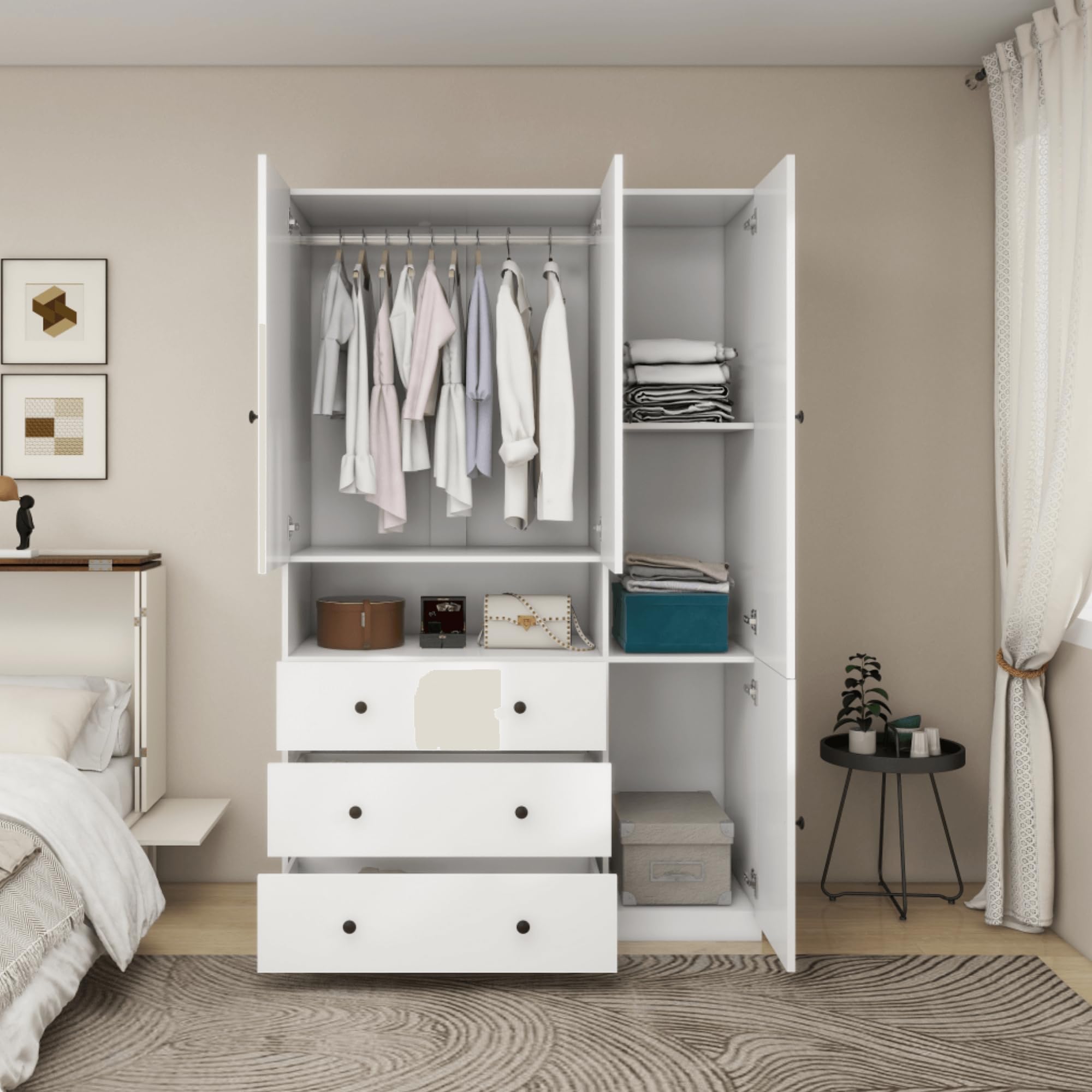 White Wooden Wardrobe Closet Armoire with Hanging Rod & Shelves - Spacious Storage Cabinet for Bedroom, Clothes Organization & Home Decor