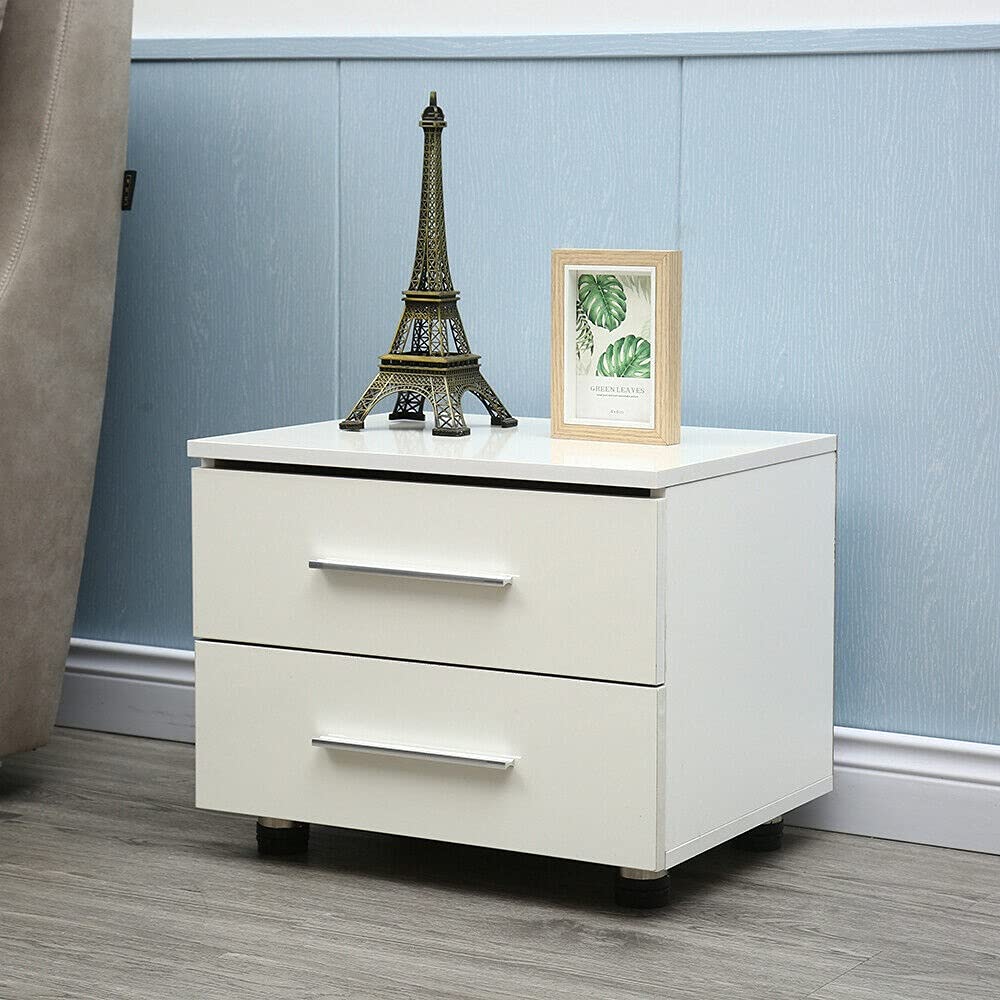 Modern White LED Bedside Table with 2 Drawers - Glossy Nightstand with Built-in Lighting for Bedroom, Living Room & Small Spaces | Particle Board Storage Cabinet with Soft Glow Ambient Light