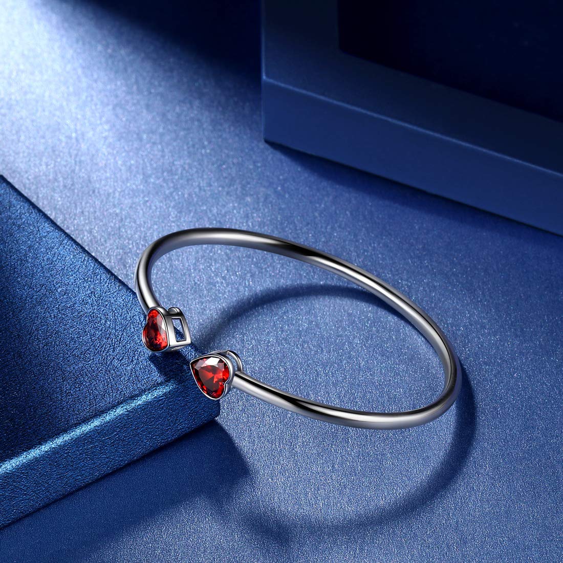 Birthstone Double Heart Adjustable Bracelet - Silver Plated Open Bangle with Personalized Birth Stones | Meaningful Birthday Gift for Women & Girls | Perfect for Anniversaries, Mother's Day & Special Occasions