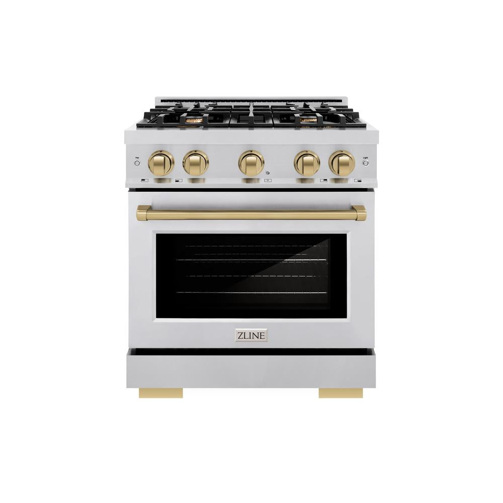 ZLINE Autograph Edition 30 Inch 4.2 Cu Ft Gas Range with 4 Burner Cooktop & Convection Oven - Stainless Steel with Champagne Bronze Accents (HGRZ 30 CB) - Perfect for Modern Kitchens & Professional Style Cooking