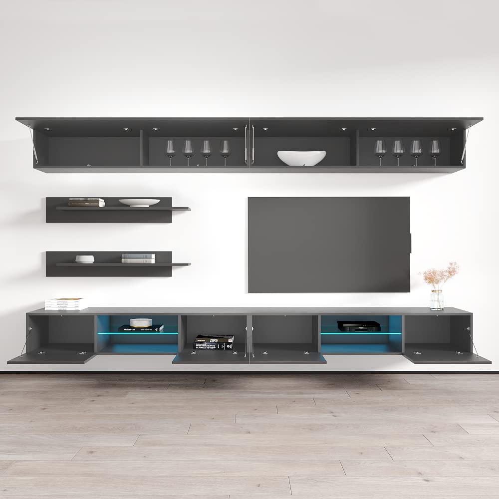 Modern Gray Wall-Mounted TV Stand with Storage Shelves & LED Lights - Floating Entertainment Center Console for Living Room & Bedroom - Perfect for Small Spaces & Home Theater Setups