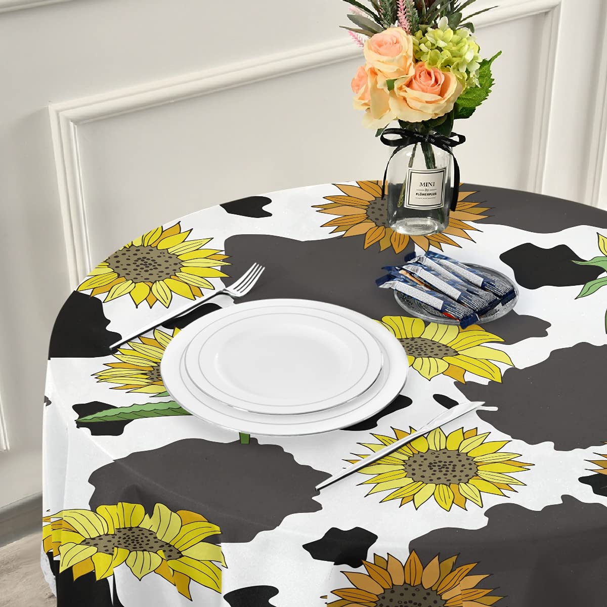 60 Inch Round Black and White Cow Print Sunflower Tablecloth - Waterproof Outdoor Table Cover for Wedding, Party, Dining Room - Perfect for Picnics, BBQs, and Farmhouse Decor