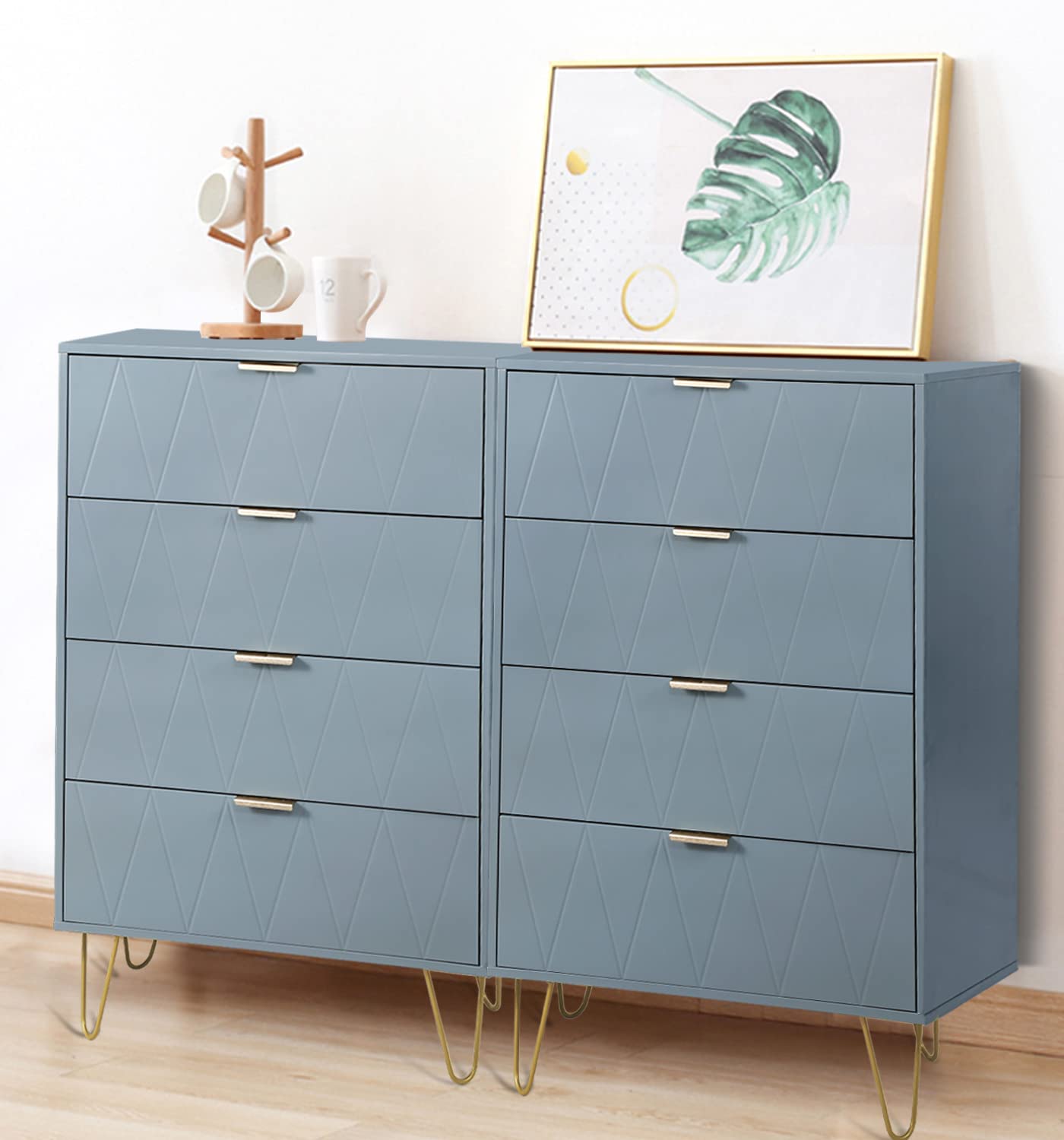 Anbuy 4-Drawer Dresser with Metal Legs - Tall Storage Cabinet Organizer for Bedroom, Living Room & Closet - Blue Set of 2 - Perfect for Small Spaces & Apartment Organization