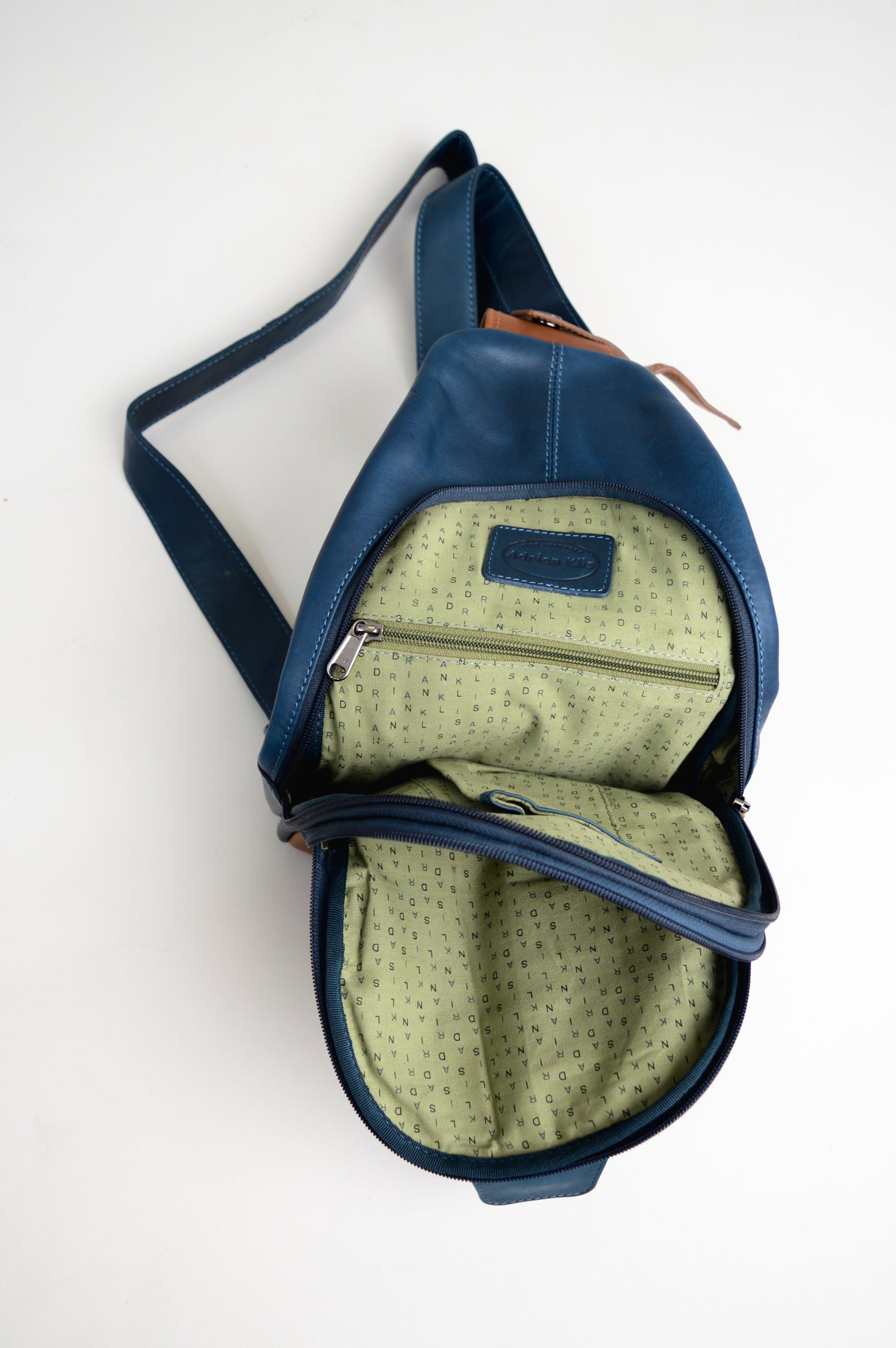 Adrian Klis 1854 Sling Bag - Premium Buffalo Leather Crossbody Bag in Blue & Tan | Perfect for Travel, Work & Everyday Use