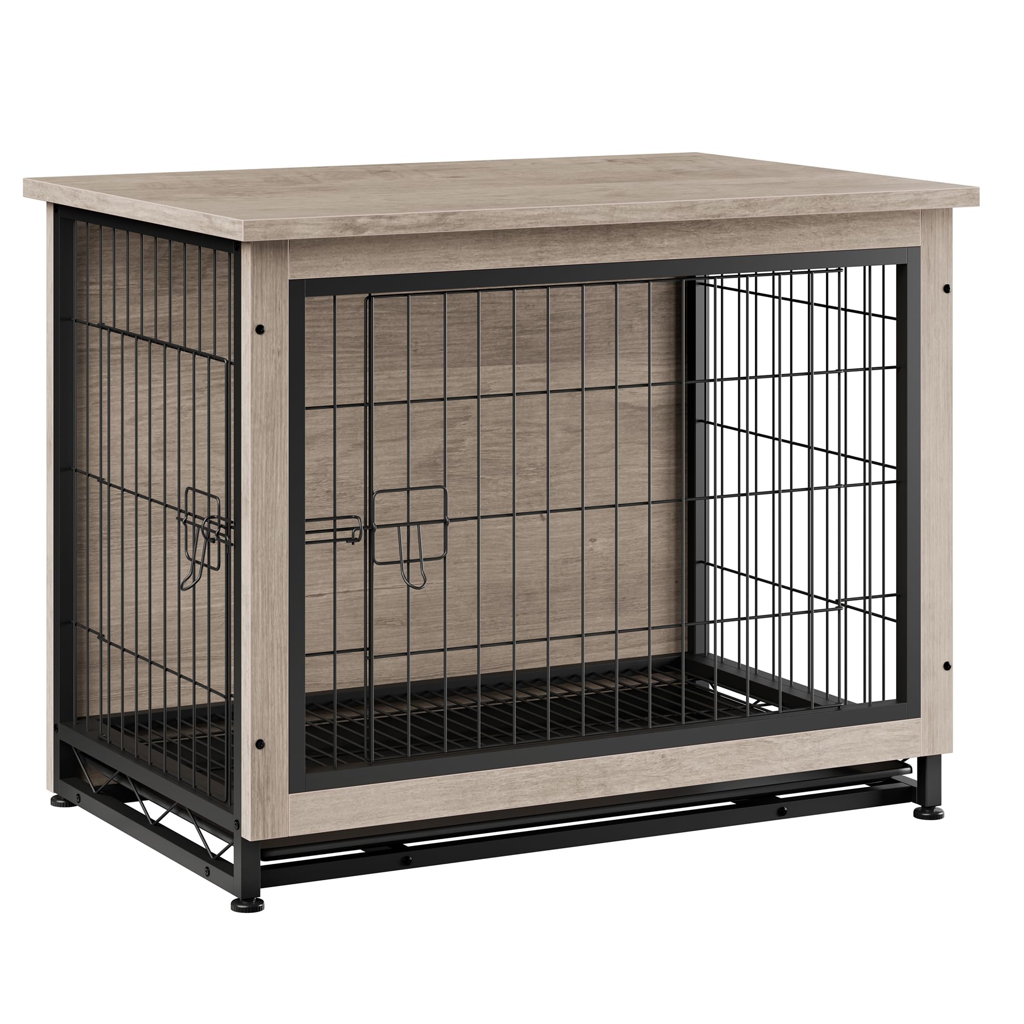 Modern Wooden Dog Crate Furniture - Heavy Duty Indoor Kennel with Removable Tray & Double Doors | Side End Table for Living Room, Bedroom | Grey Pet Cage for Small to Medium Dogs | Perfect for Home Decor & Pet Safety