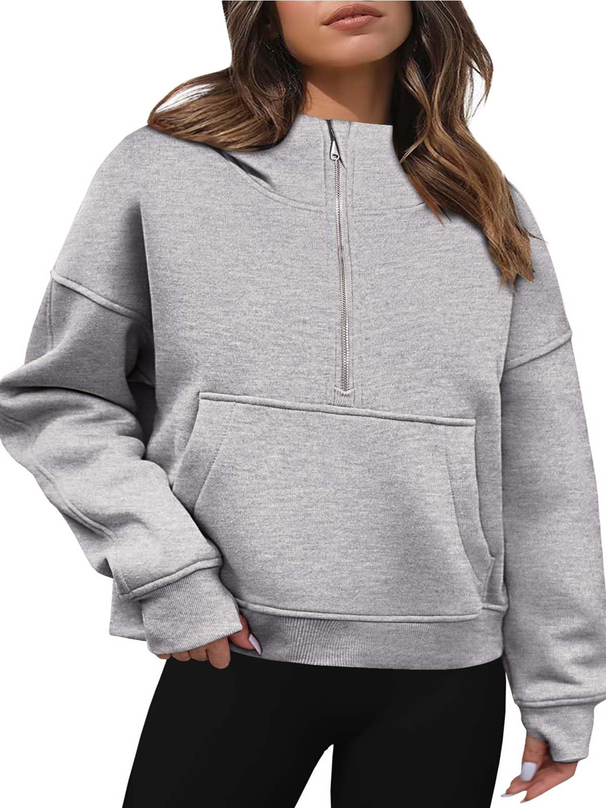 Zeagoo Women's Plus Size Cropped Hoodie with Zipper - Trendy 2024 Long Sleeve Athletic Sweatshirt in Dark Grey (Large) | Perfect for Gym, Yoga & Casual Streetwear