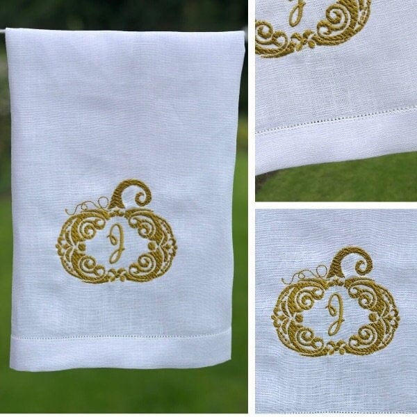 Personalized Monogram White Linen Pumpkin Towel - Perfect for Fall Decor, Thanksgiving Table Setting & Autumn Home Accents