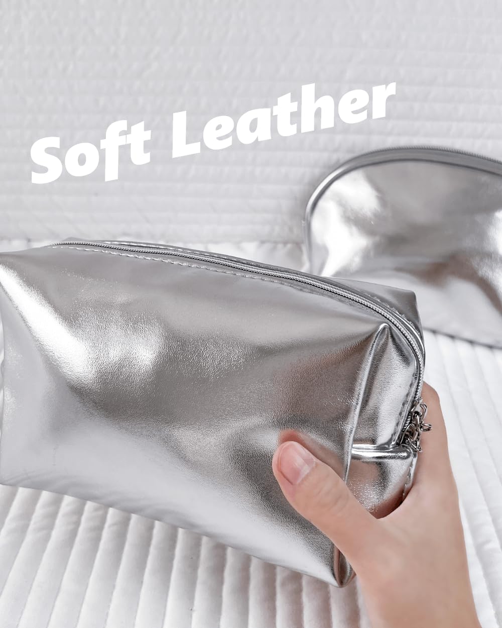 Small Makeup Bag for Women | Silver Leather Cosmetic Pouch | Travel & Everyday Essentials Organizer