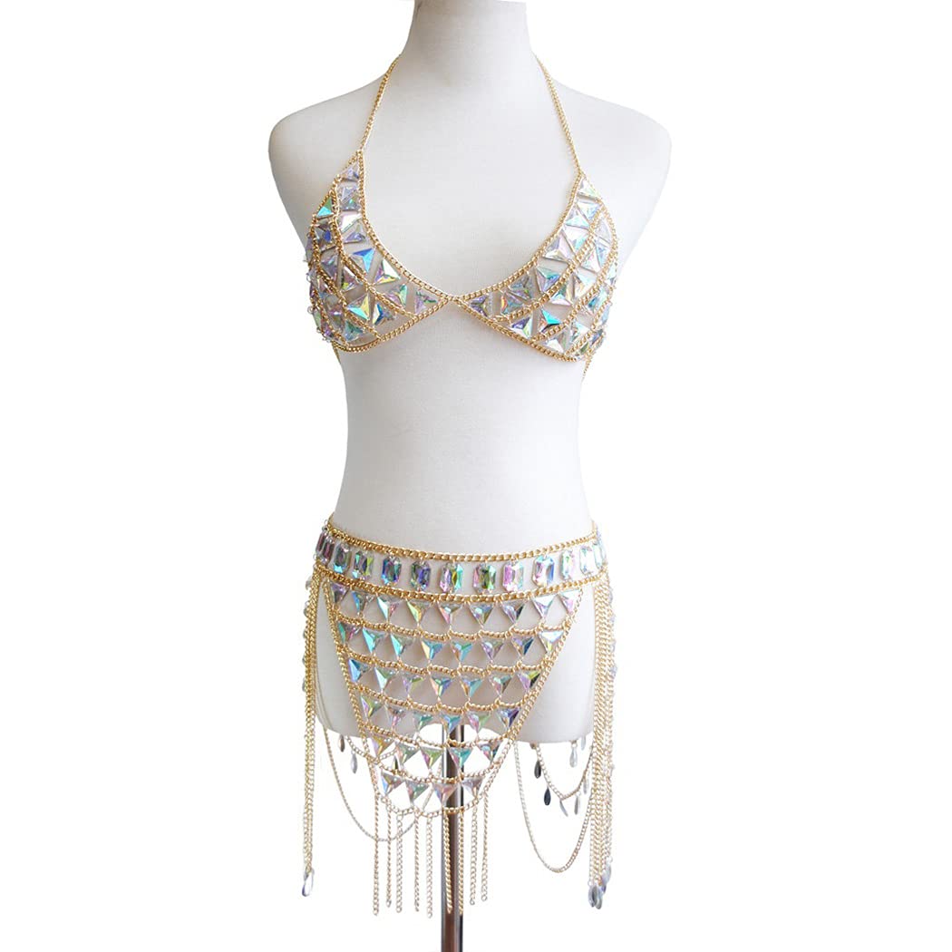 CanB Rhinestone Body Chain - Boho Waist Belly Jewelry for Women | Crystal Skirt Chain & Bra Top Accessory | Gold Festival Body Jewelry for Parties, Beach & Music Events