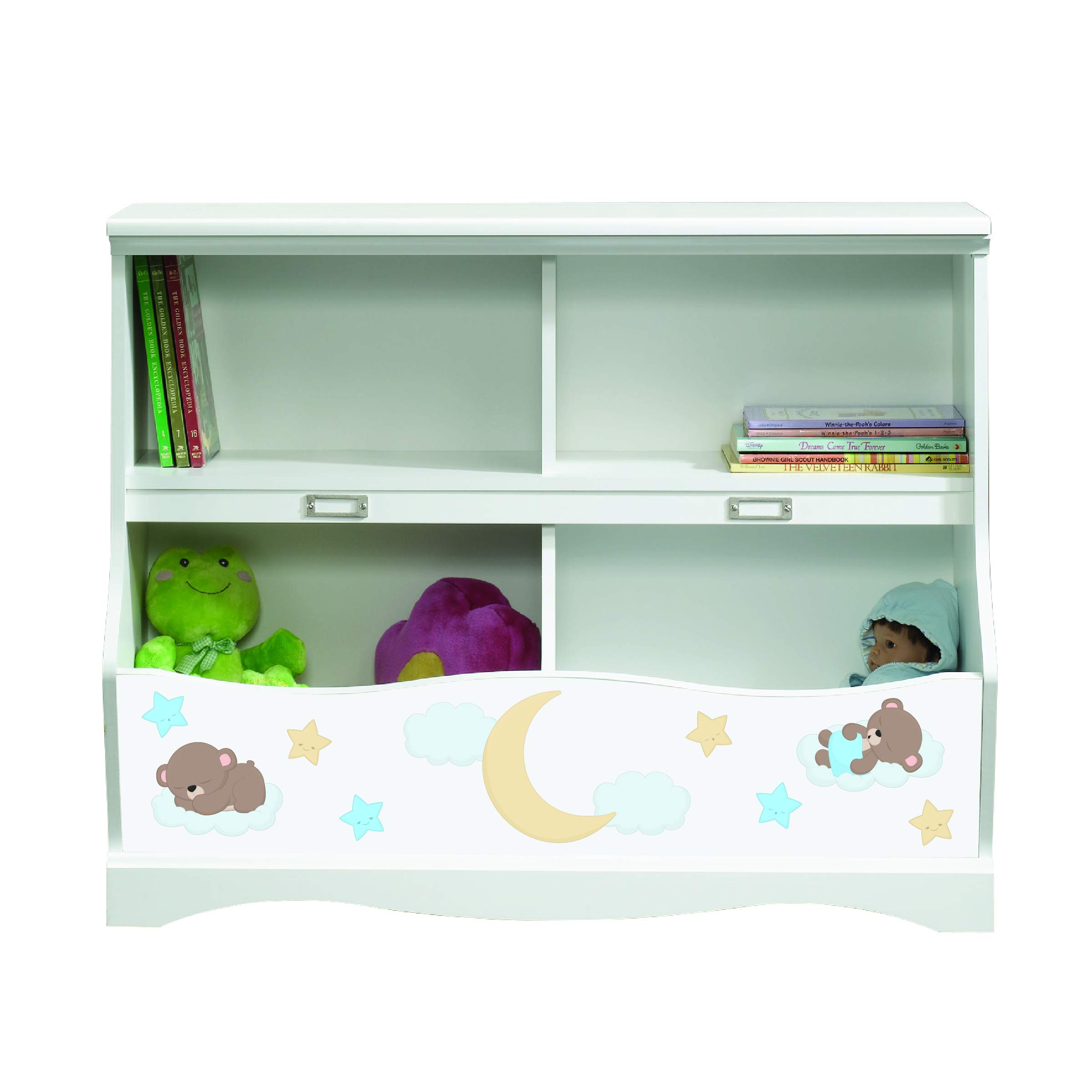 LifeSong Milestones Bookcase Footboard with Cubbyhole - Kids Book Storage Organizer, Toy Shelf for Nursery, Playroom & Bedroom - Soft White Finish Teddy Bear Design (Blue) - Perfect for Organizing Books, Toys & Decor in Children's Rooms