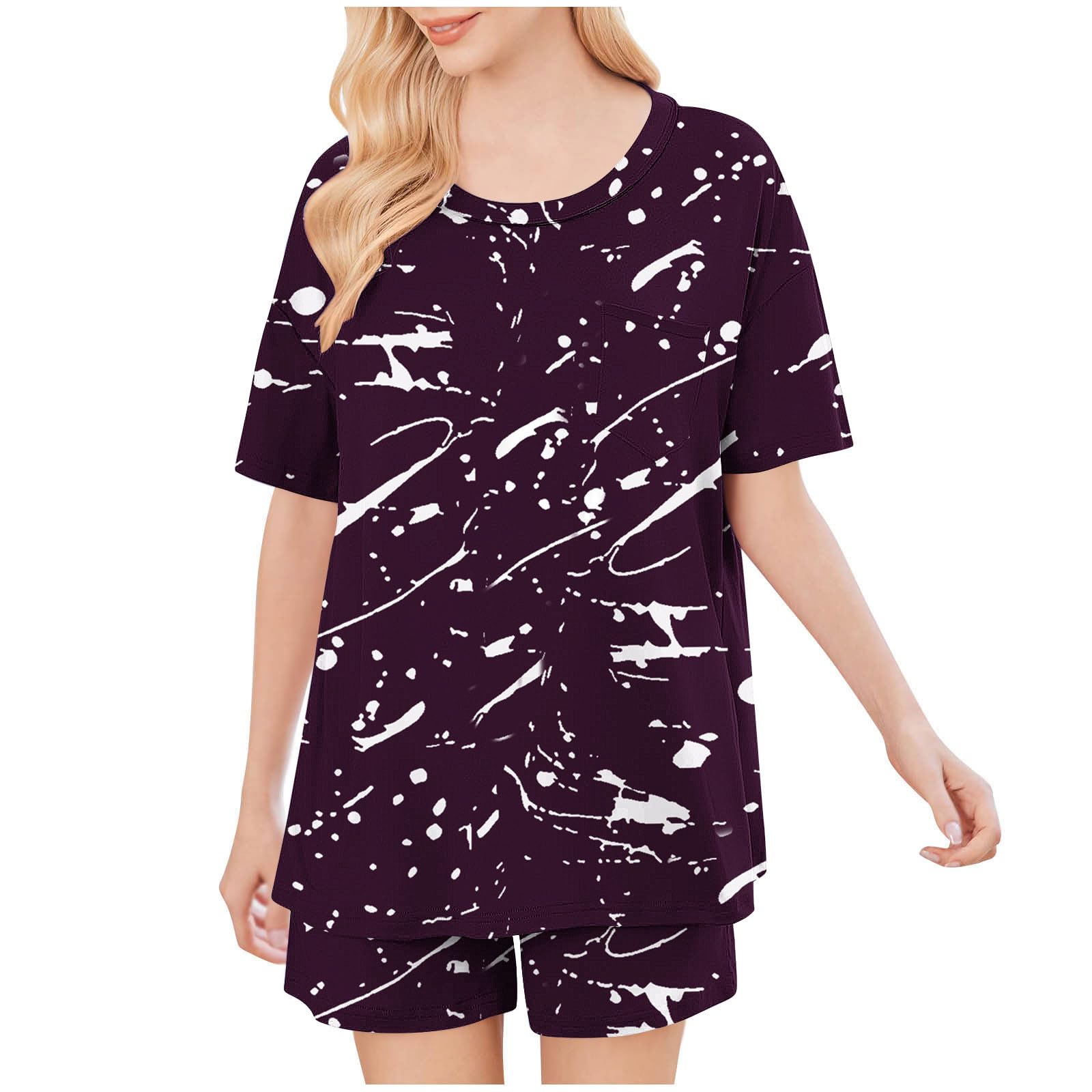 Women's 2-Piece Casual Outfit Set - Short Sleeve Graphic T-Shirt & Lounge Shorts Matching Summer Pajama Set | Trendy Loungewear for Home, Travel & Vacation