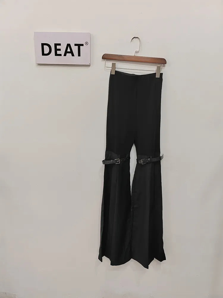 DEAT Fashion Women's High Waist Straight Leg Jeans with PU Leather Patchwork & Buckle Details - Trendy Streetwear Denim Pants for Spring 2023 | Perfect for Casual Outings, Parties and Everyday Wear