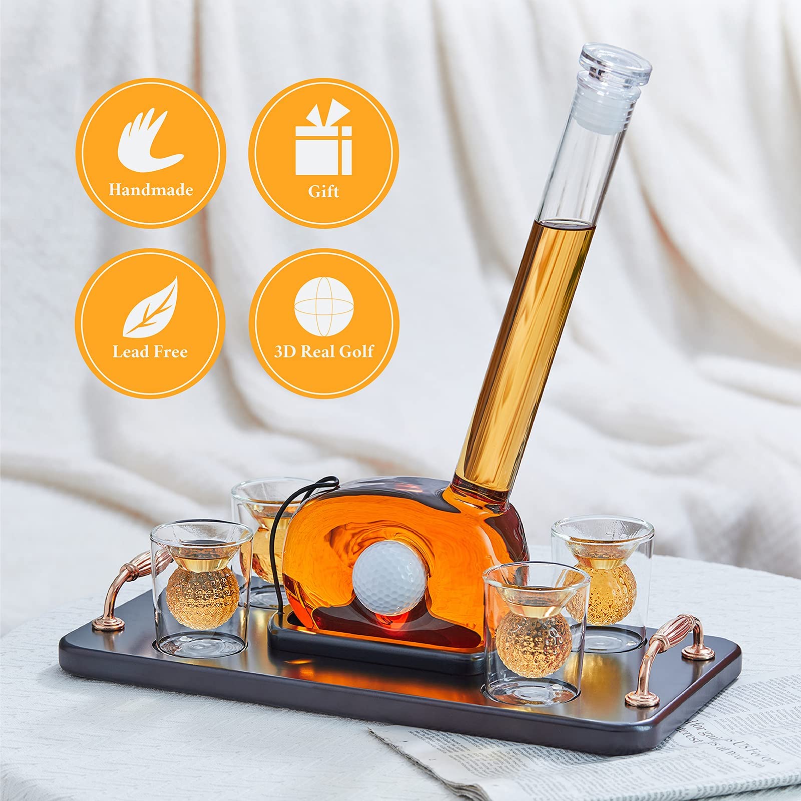 Premium Golf Whiskey Decanter Set with 4 Golf Ball Shot Glasses - 750ml Glass Liquor Dispenser for Bourbon, Scotch, Vodka & Tequila - Unique Golf Gifts for Men - Perfect for Father's Day, Birthday & Golf-Themed Parties