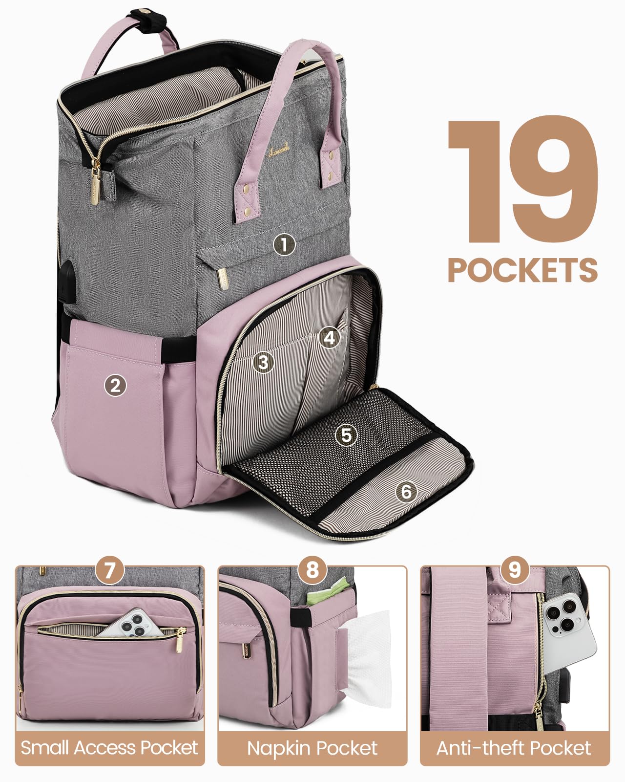 LOVEVOOK Women's Fashion Laptop Backpack with USB Port - Stylish Grey-Light Purple Business Travel Bag for Work, School, or Daily Commute, Fits 17-Inch Laptop